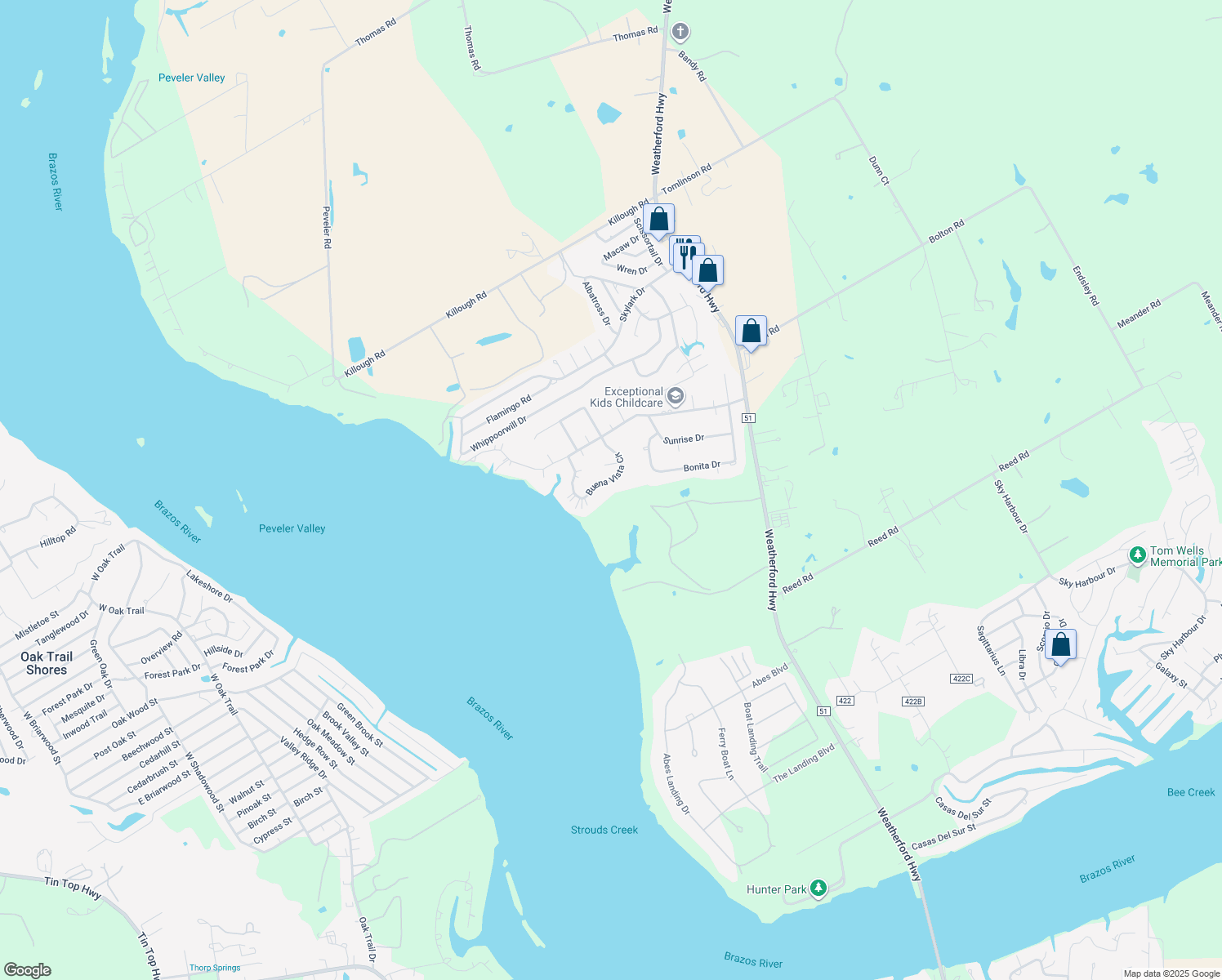 map of restaurants, bars, coffee shops, grocery stores, and more near 3821 Buena Vista Circle in Granbury