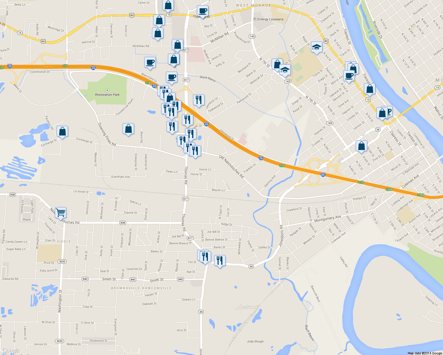 map of restaurants, bars, coffee shops, grocery stores, and more near 134 Nora St in West Monroe