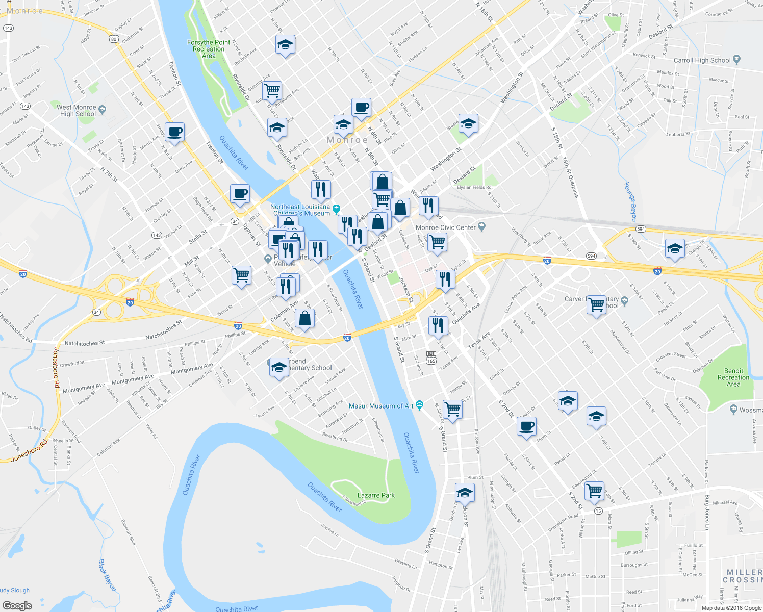 map of restaurants, bars, coffee shops, grocery stores, and more near 502 South Grand Street in Monroe