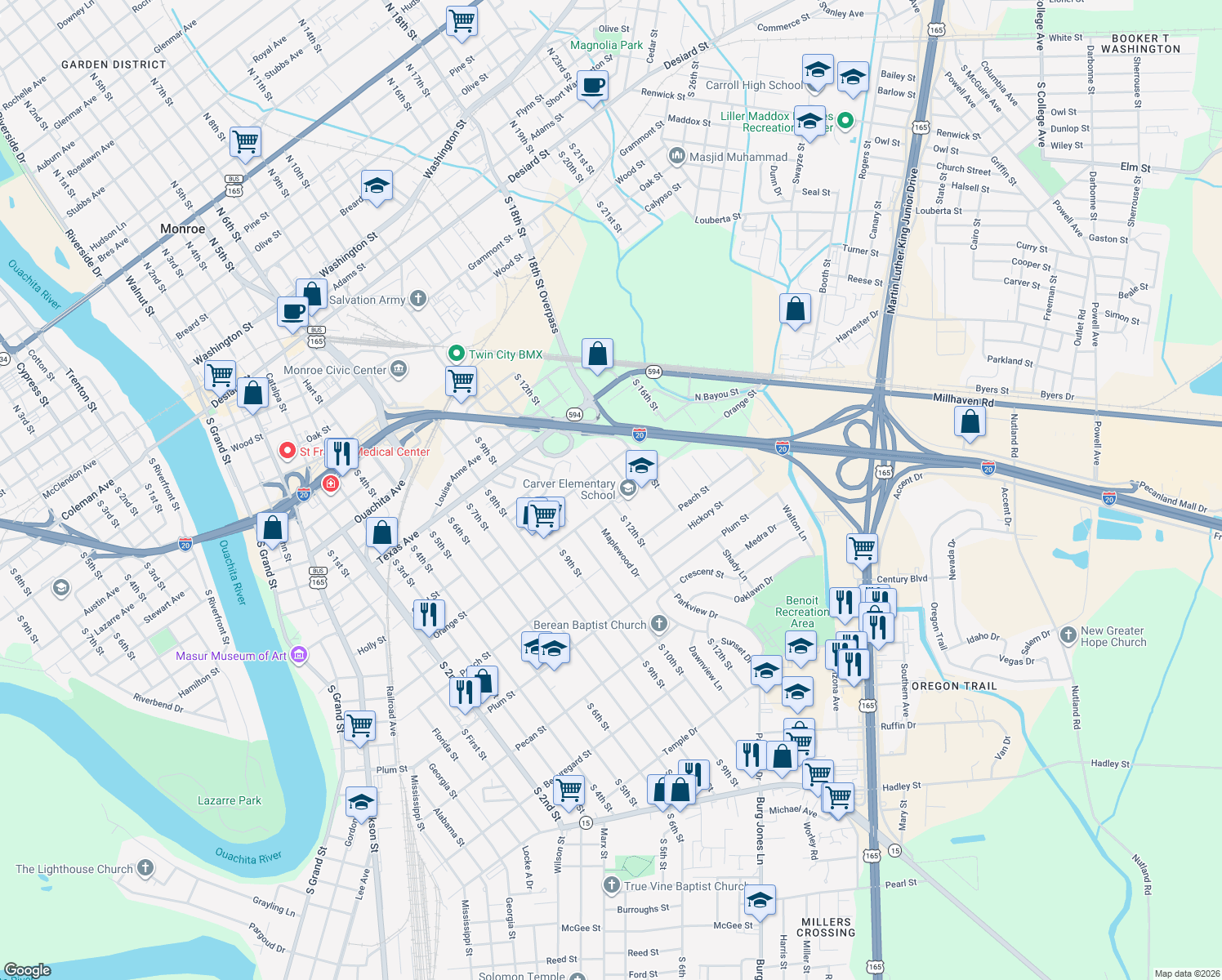 map of restaurants, bars, coffee shops, grocery stores, and more near 713 S 12th St in Monroe
