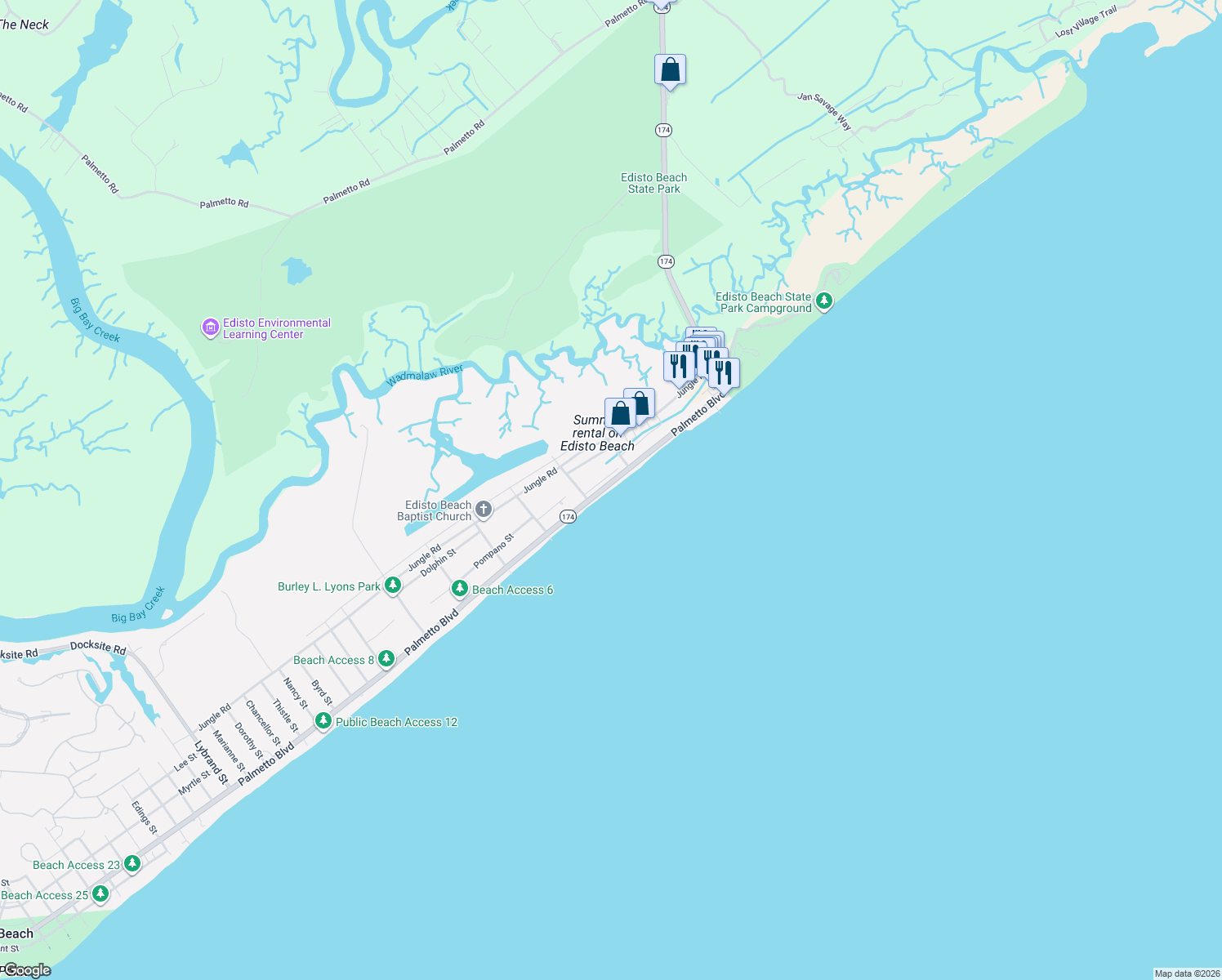 map of restaurants, bars, coffee shops, grocery stores, and more near 212 Palmetto Boulevard in Edisto Island