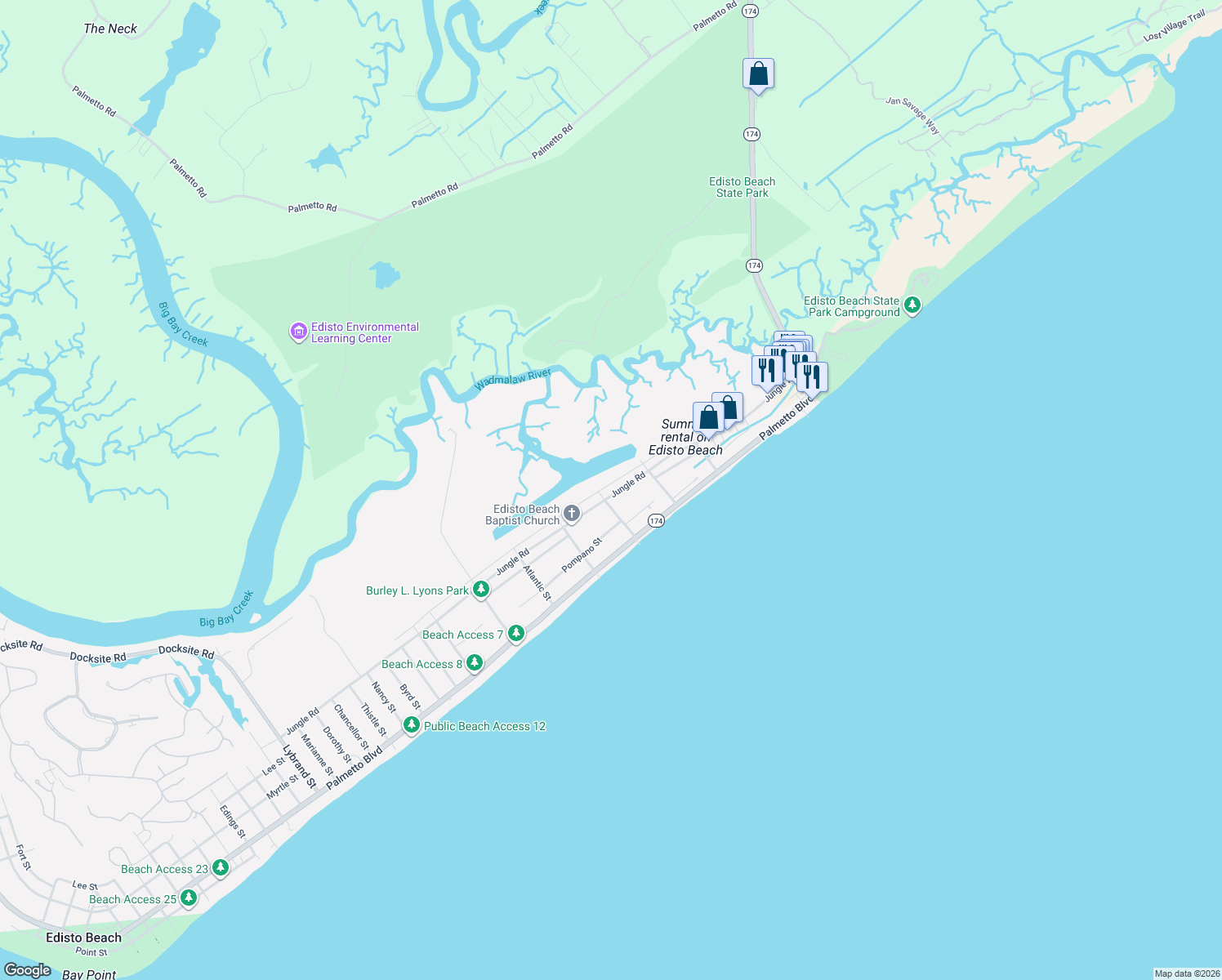 map of restaurants, bars, coffee shops, grocery stores, and more near 313 Jungle Road in Edisto Island
