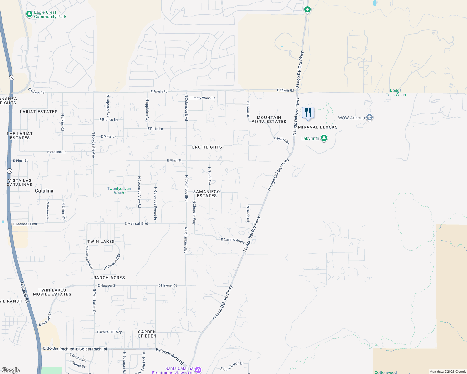 map of restaurants, bars, coffee shops, grocery stores, and more near 4650 East Joshua Tree Place in Tucson