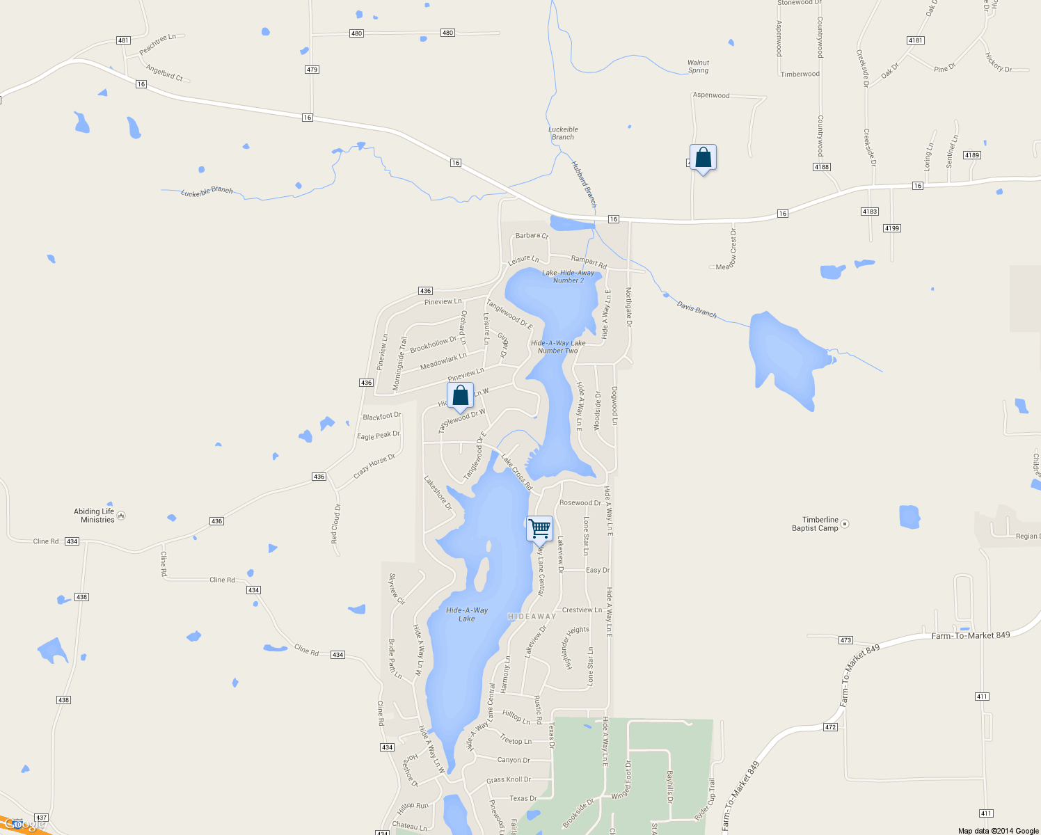 map of restaurants, bars, coffee shops, grocery stores, and more near 1521 Tanglewood Drive East in Hideaway