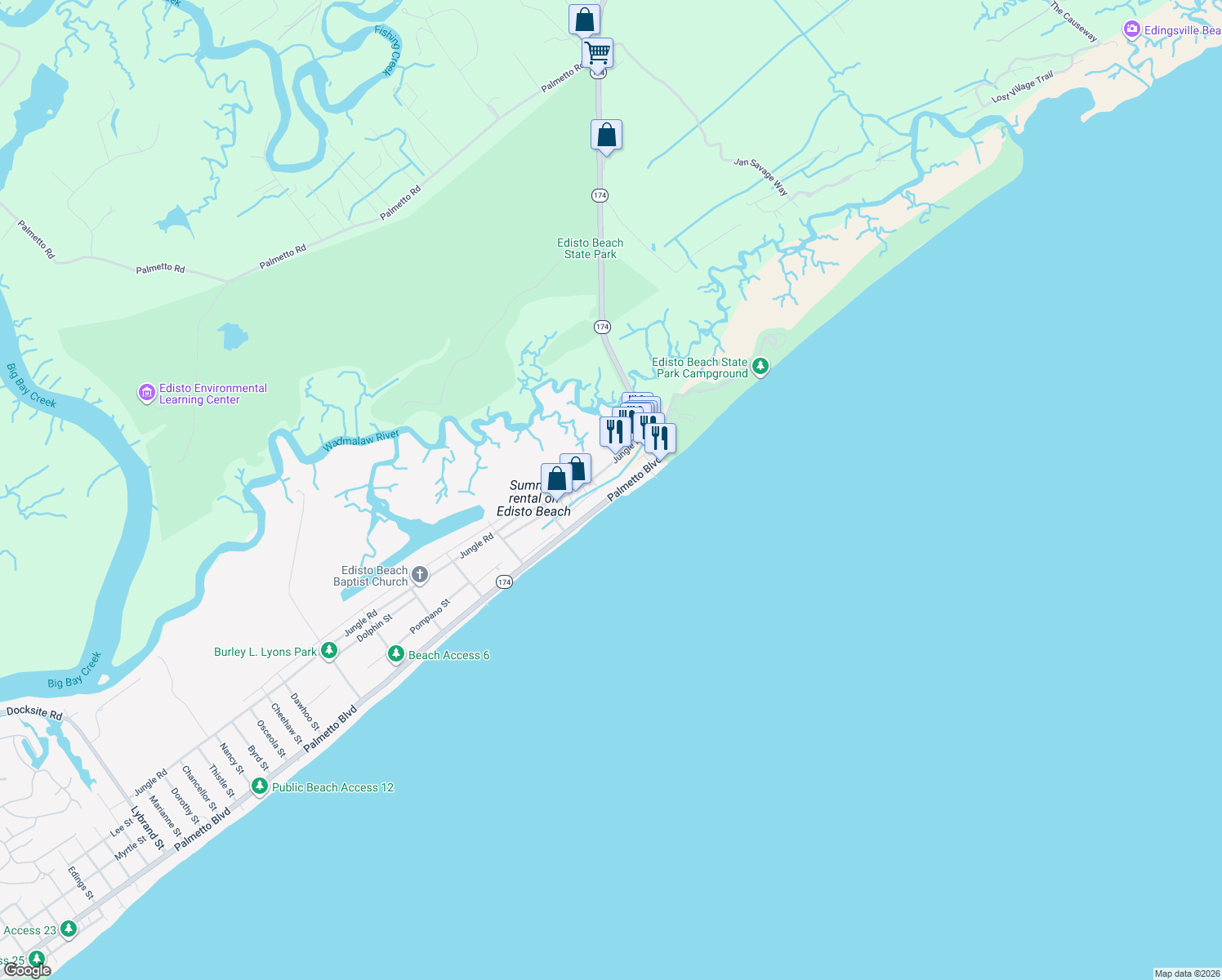 map of restaurants, bars, coffee shops, grocery stores, and more near 123 Palmetto Boulevard in Edisto Island