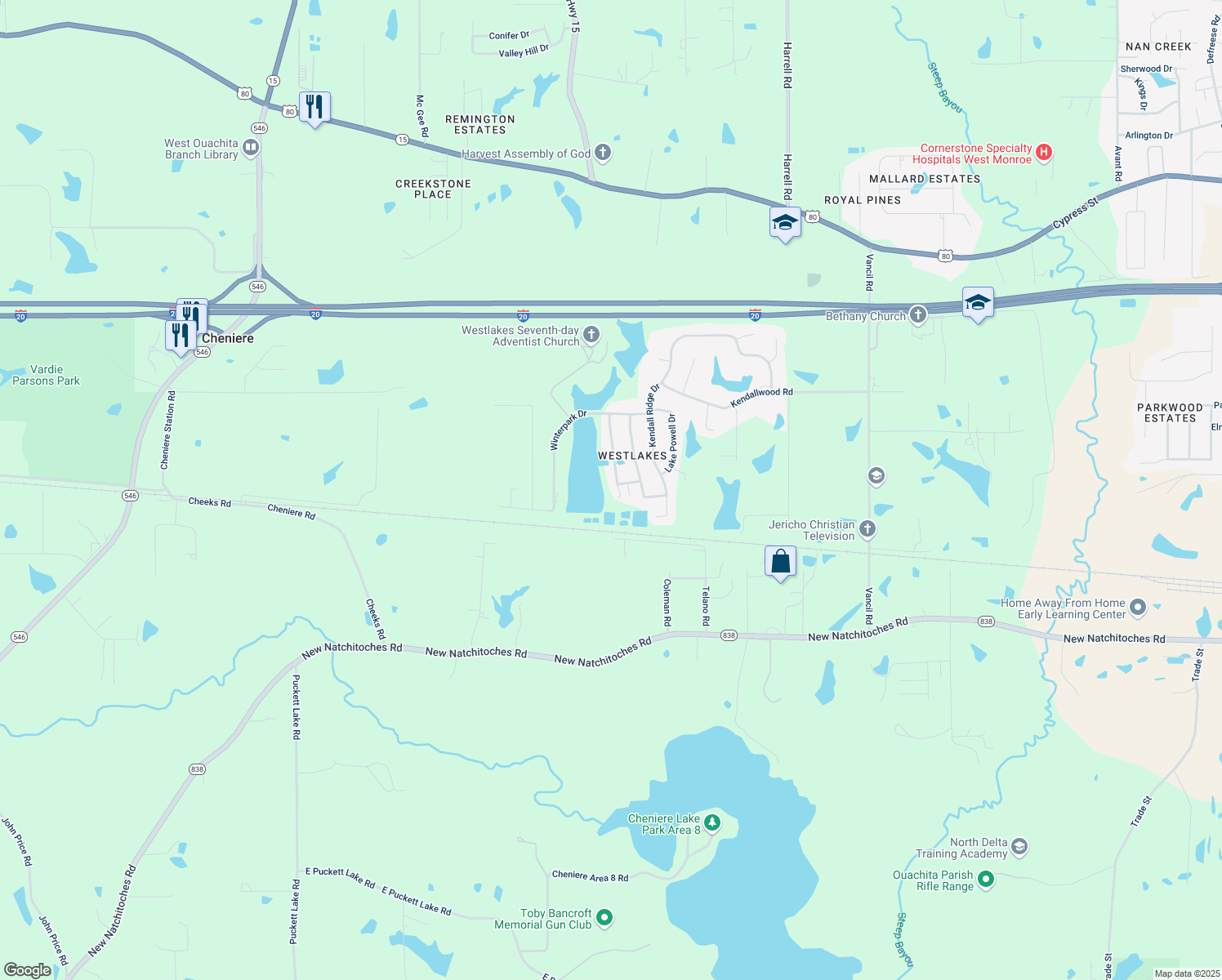 map of restaurants, bars, coffee shops, grocery stores, and more near 208 Breckenridge Dr in West Monroe