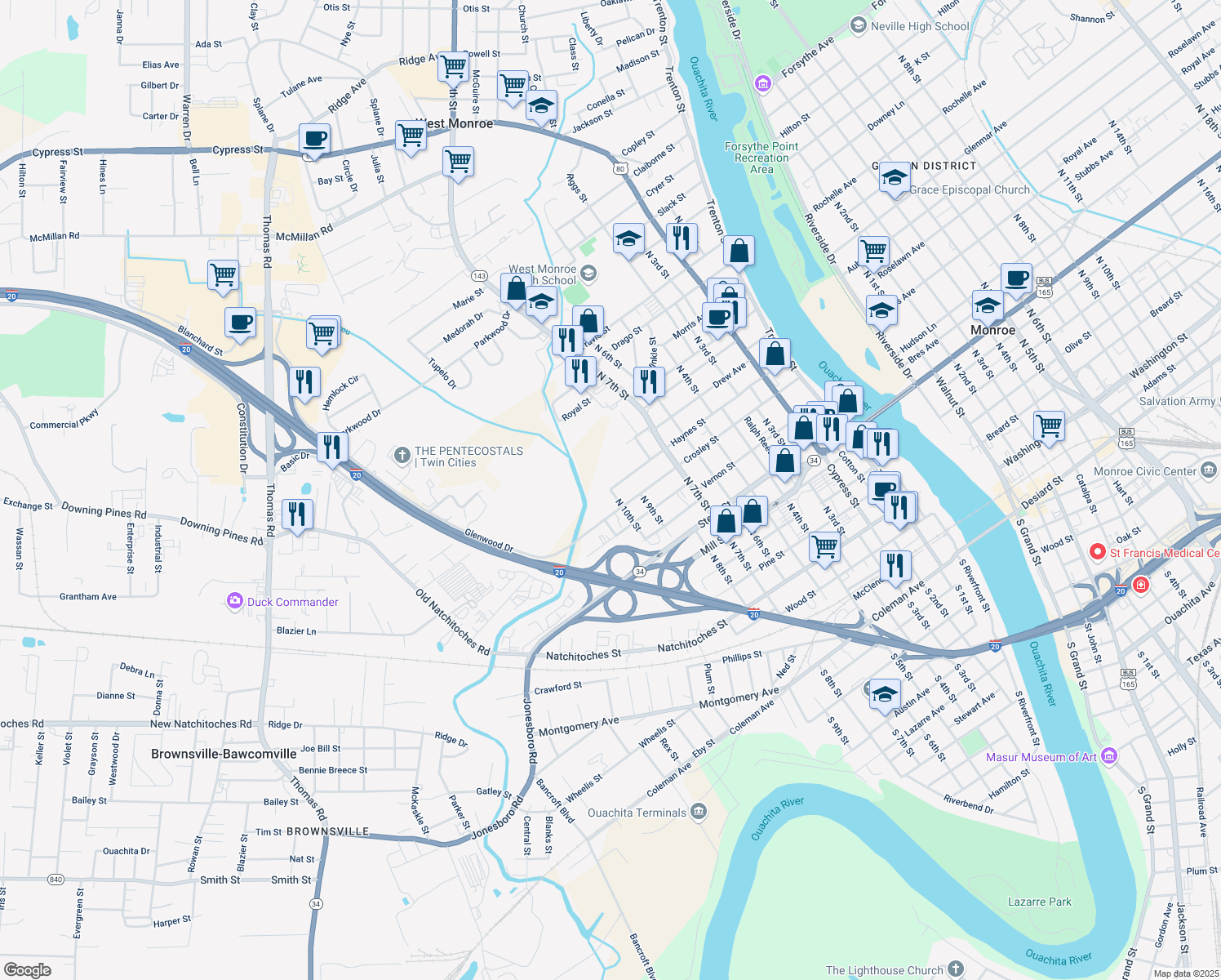 map of restaurants, bars, coffee shops, grocery stores, and more near 998 Haynes St in West Monroe