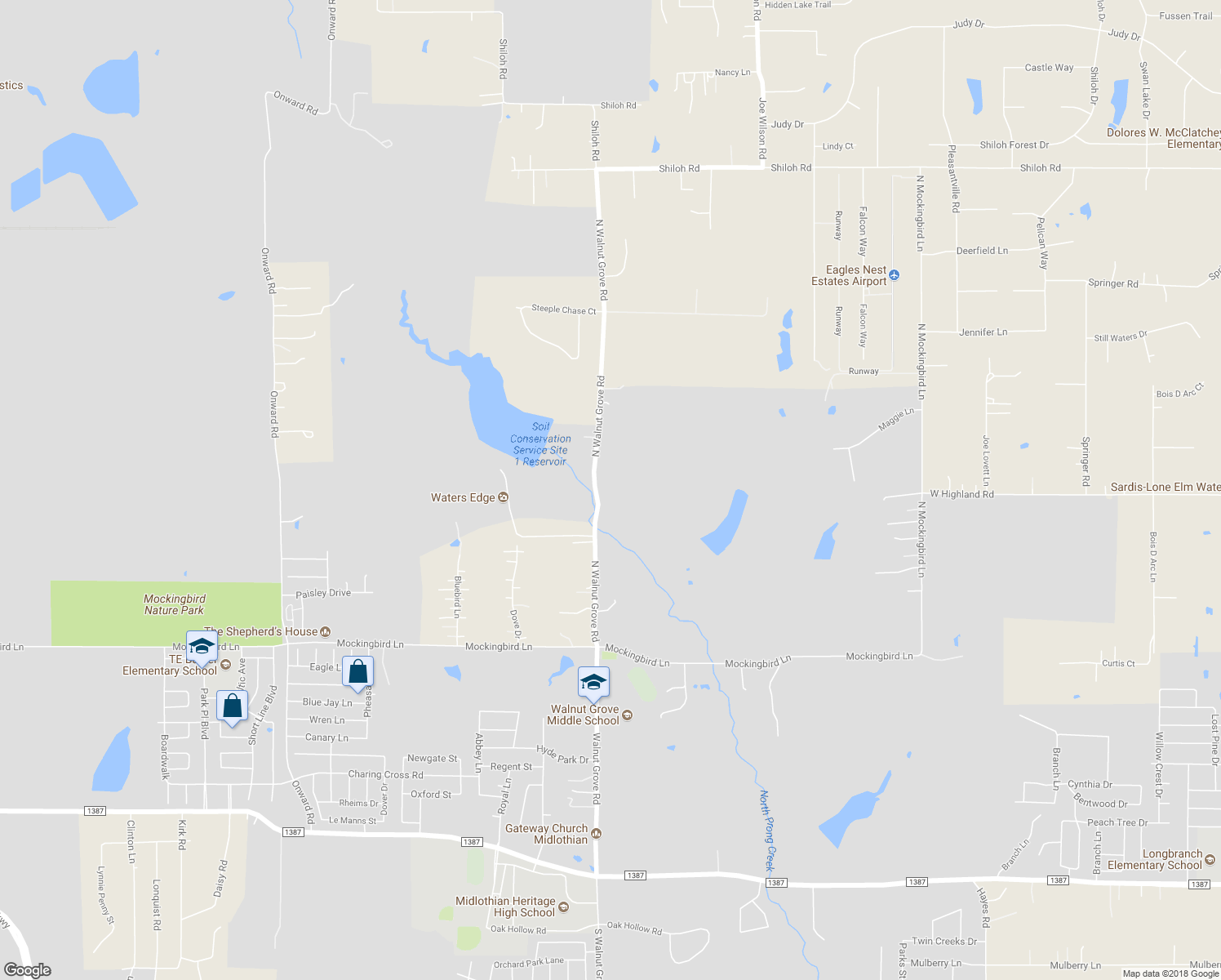map of restaurants, bars, coffee shops, grocery stores, and more near 1956 North Walnut Grove Road in Midlothian