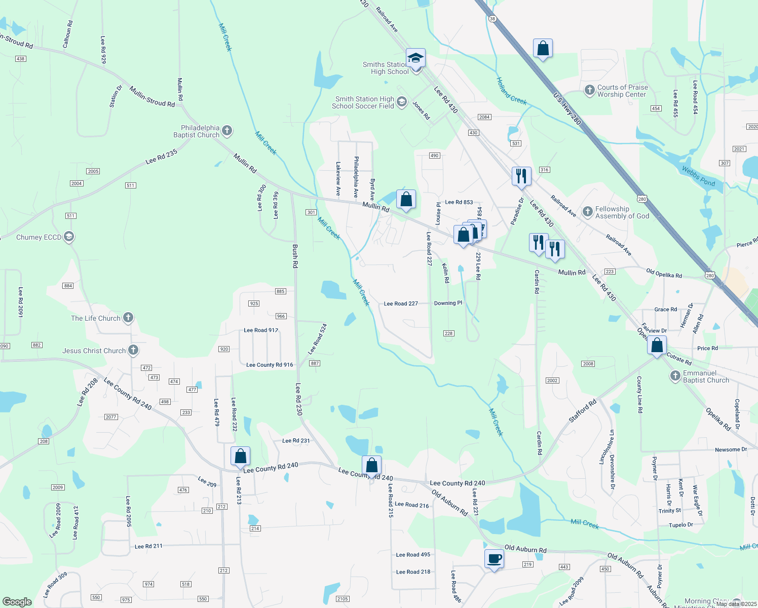 map of restaurants, bars, coffee shops, grocery stores, and more near 1049 Lee Road 227 in Smiths Station