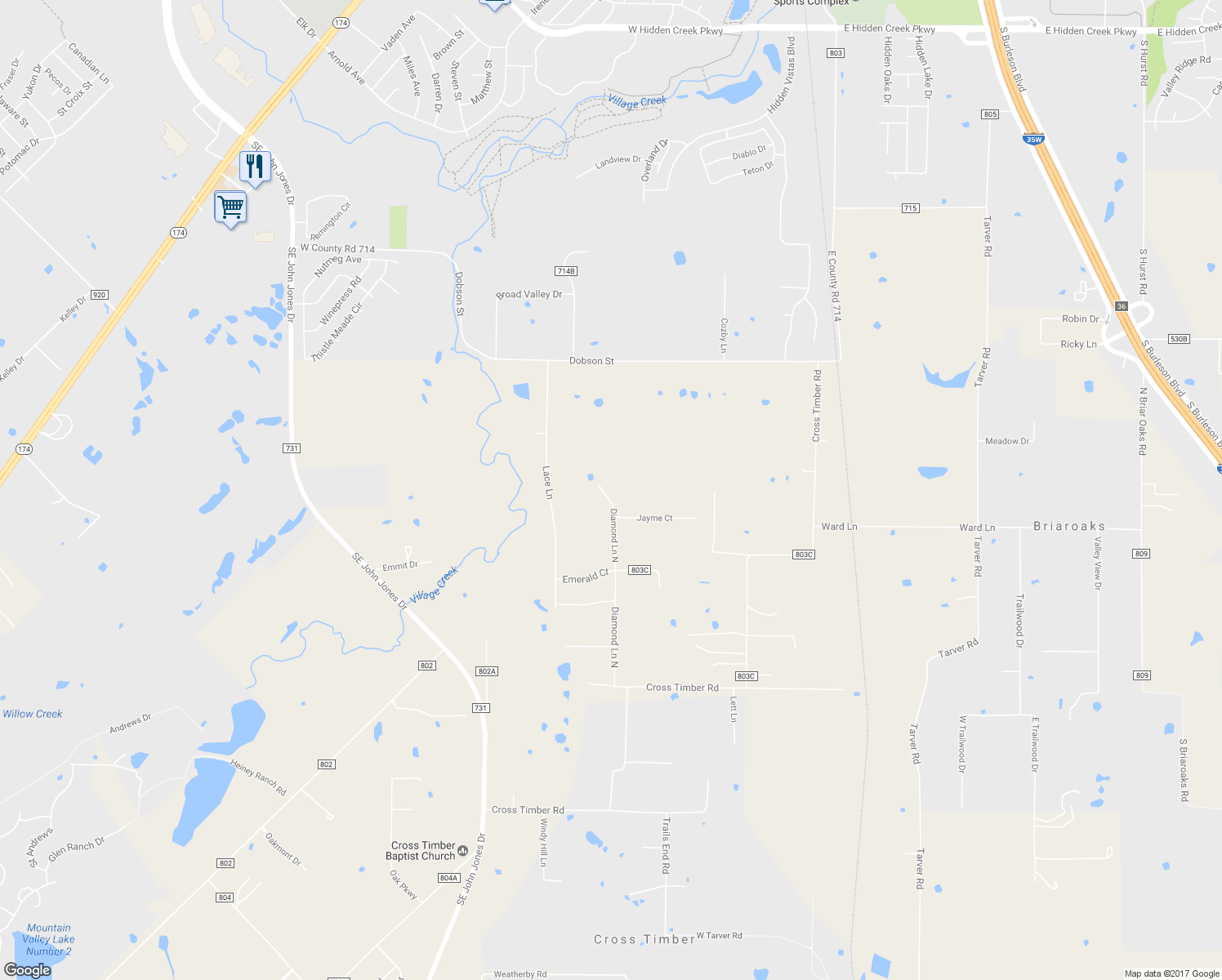 map of restaurants, bars, coffee shops, grocery stores, and more near 205 Diamond Lane North in Burleson