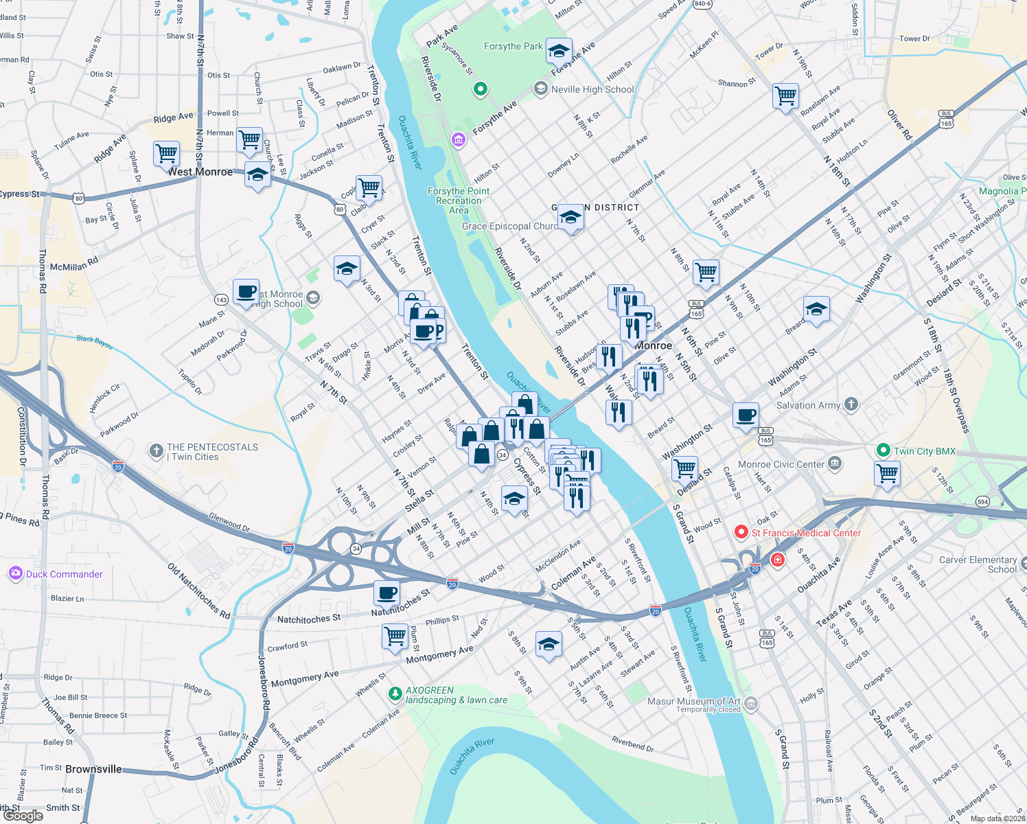 map of restaurants, bars, coffee shops, grocery stores, and more near 713 Trenton Street in West Monroe