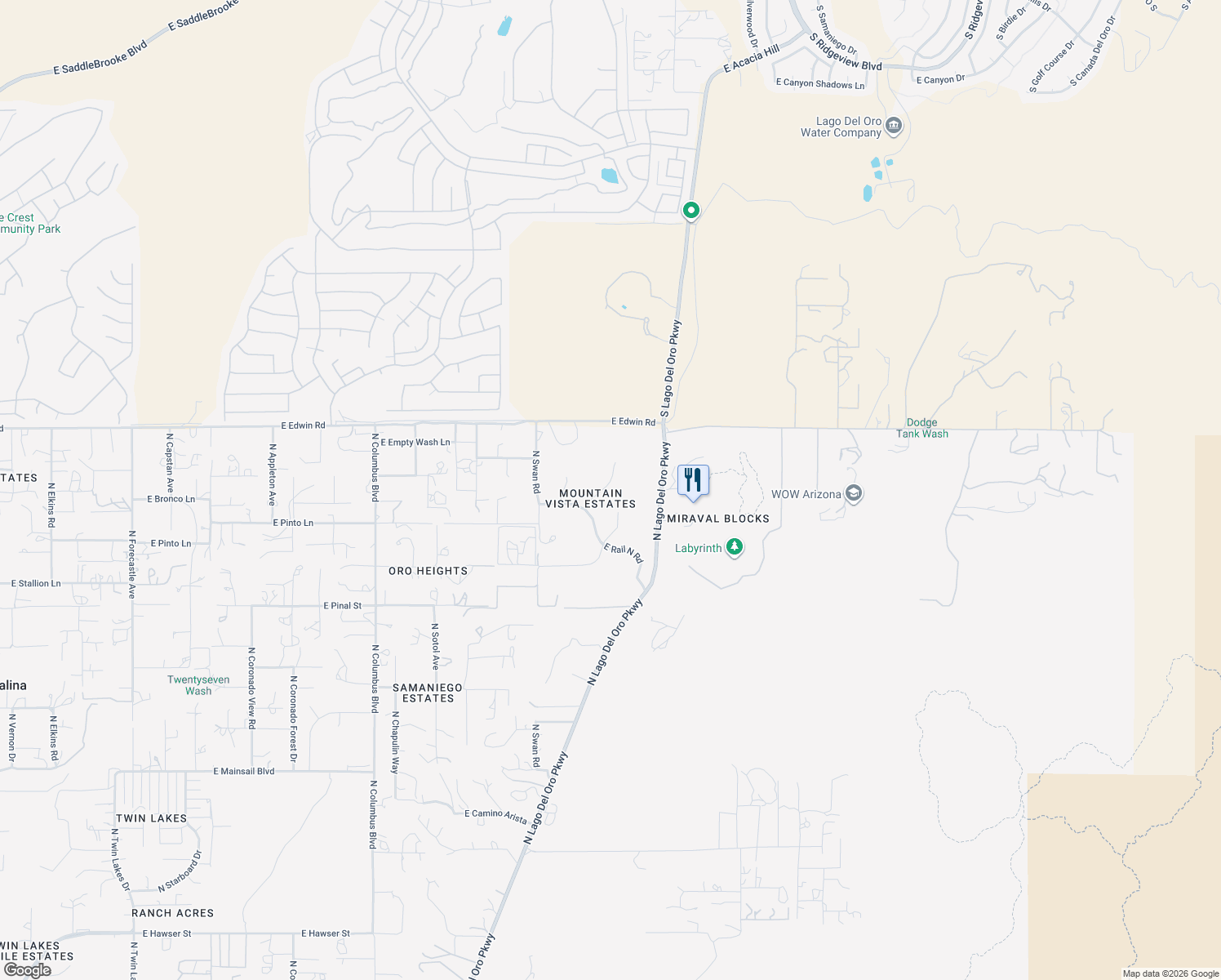 map of restaurants, bars, coffee shops, grocery stores, and more near 16640 North Wagon Train Place in Tucson