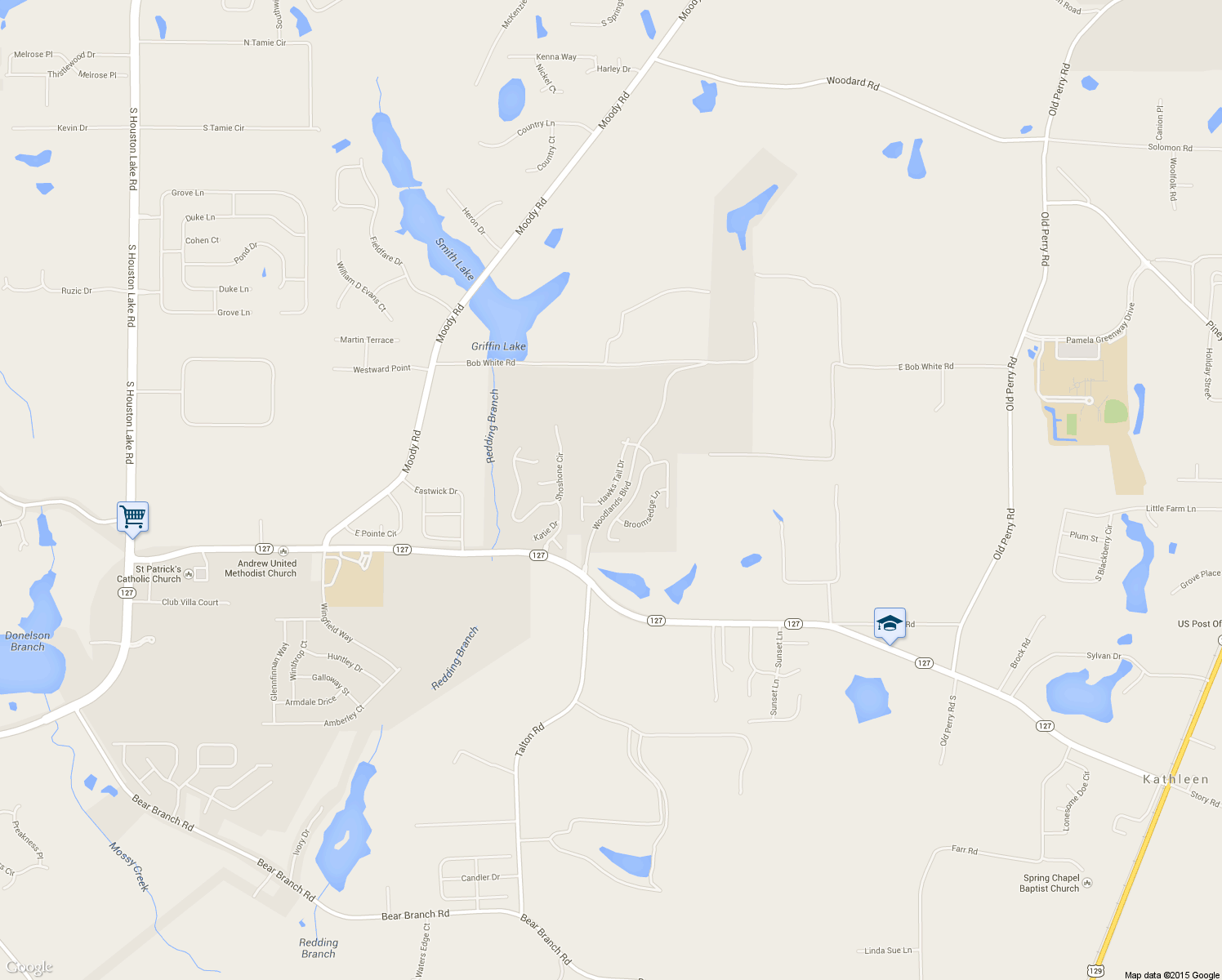 map of restaurants, bars, coffee shops, grocery stores, and more near 108 Hawks Tail Drive in Kathleen