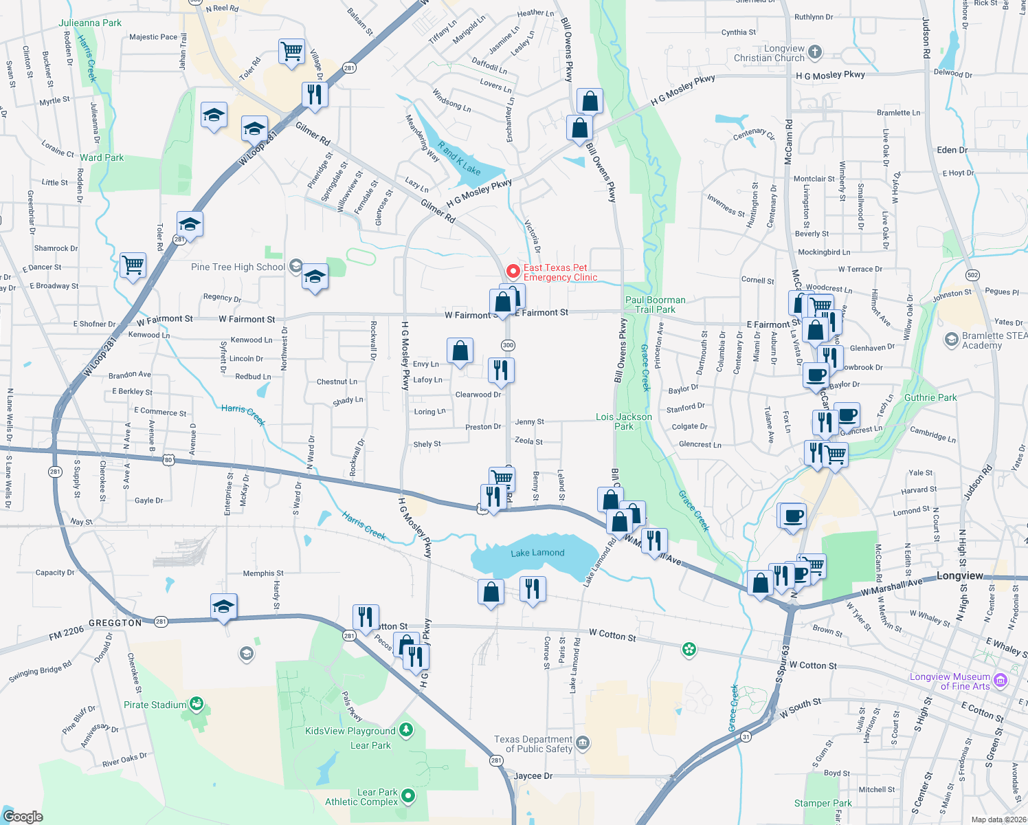 map of restaurants, bars, coffee shops, grocery stores, and more near 400 Gilmer Road in Longview