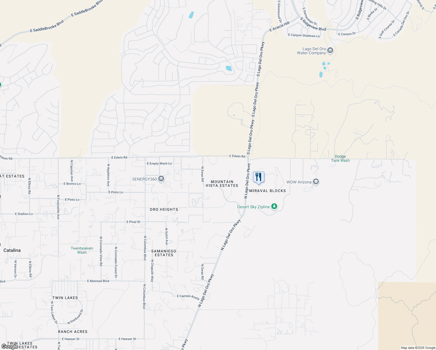 map of restaurants, bars, coffee shops, grocery stores, and more near 16642 North Windmill Place in Tucson
