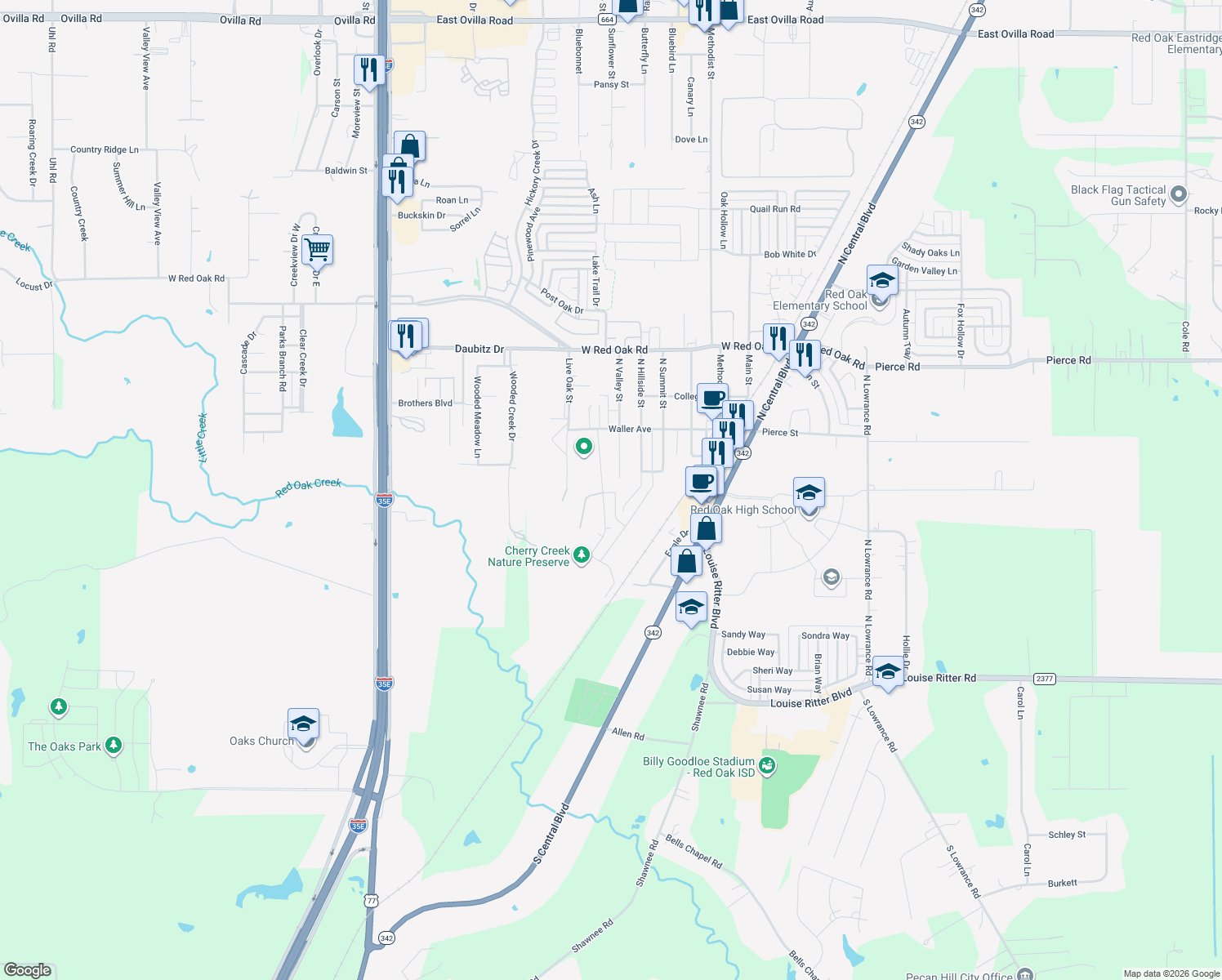 map of restaurants, bars, coffee shops, grocery stores, and more near 116 Pecan Creek St in Red Oak