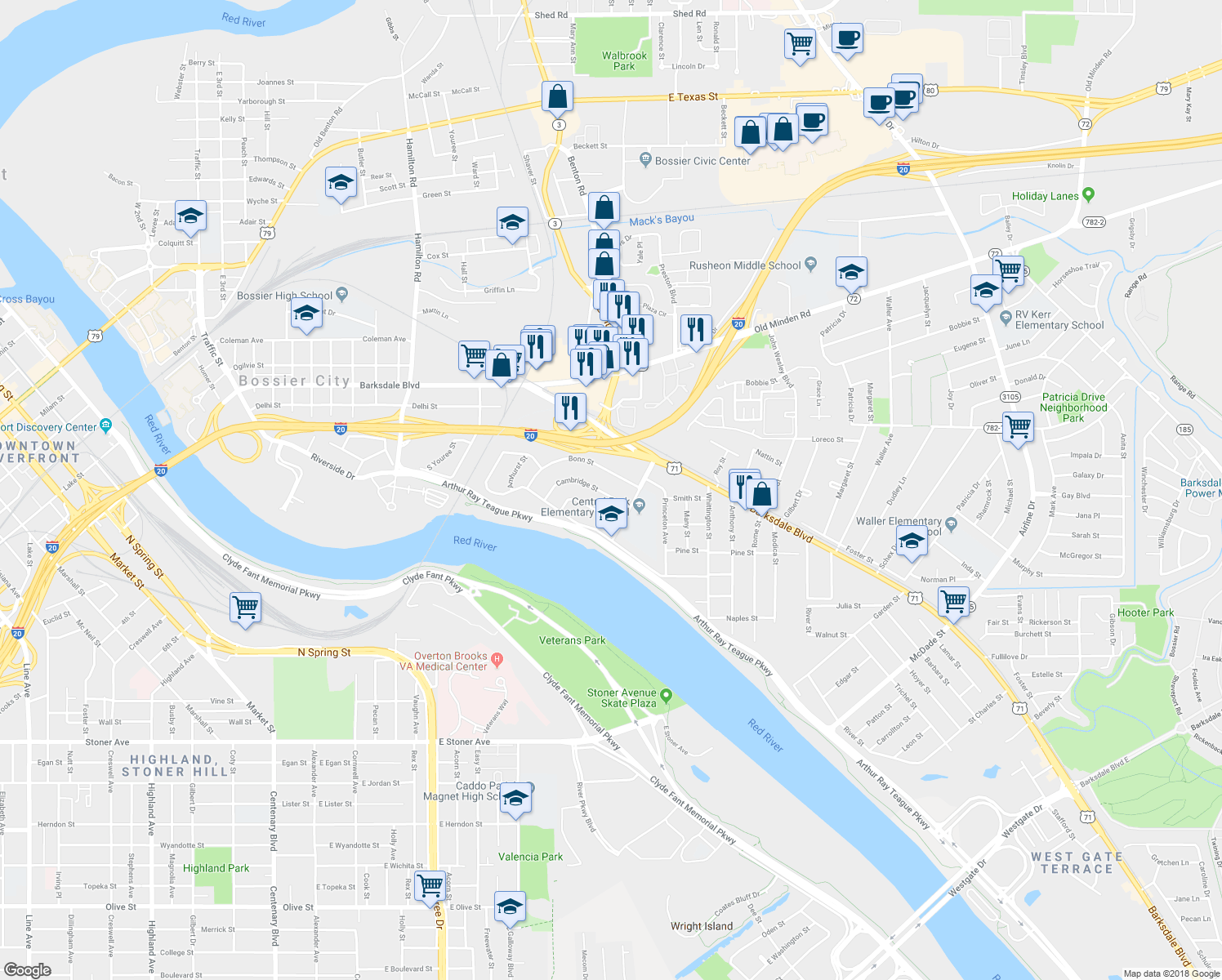 map of restaurants, bars, coffee shops, grocery stores, and more near 1913 Cambridge Street in Bossier City