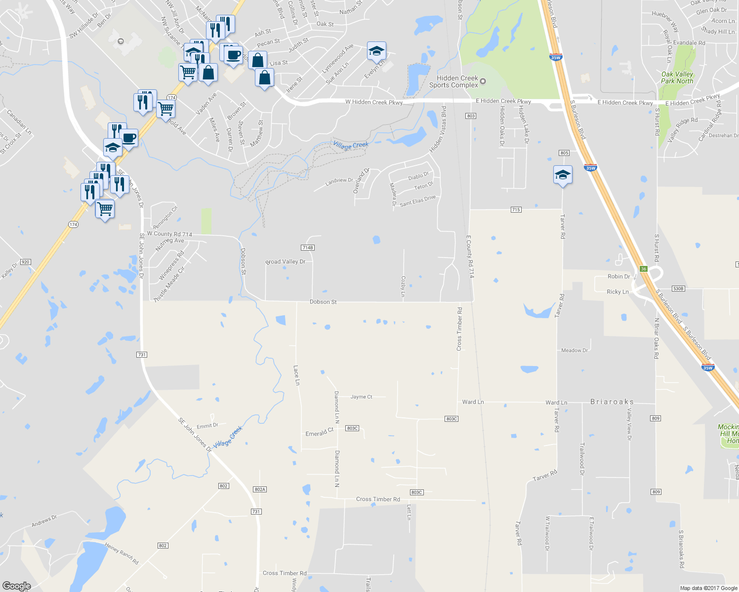 map of restaurants, bars, coffee shops, grocery stores, and more near 290 West County Road 714 in Burleson