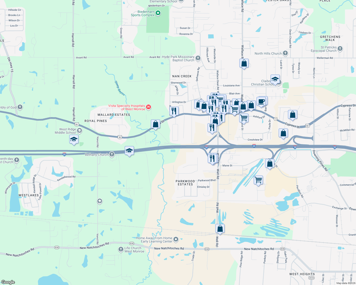 map of restaurants, bars, coffee shops, grocery stores, and more near 221 Alta Mira Drive in West Monroe