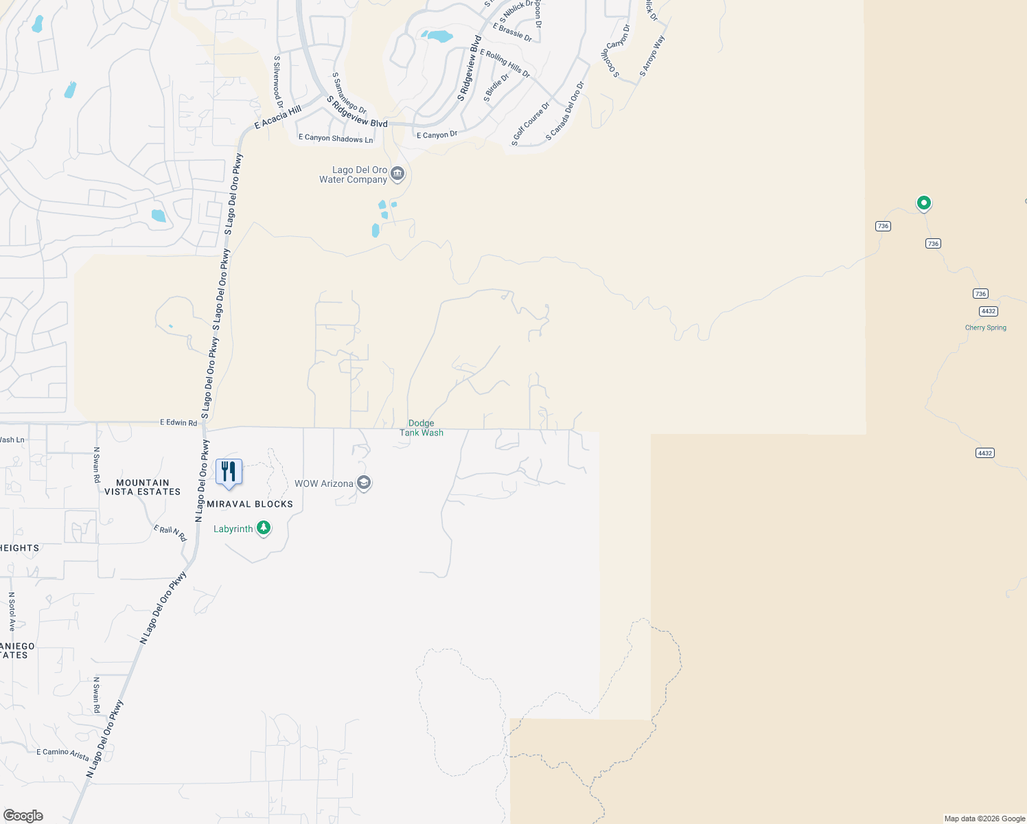 map of restaurants, bars, coffee shops, grocery stores, and more near 65650 East Edwin Road in Saddlebrooke