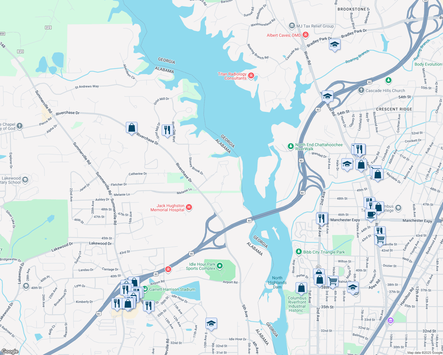 map of restaurants, bars, coffee shops, grocery stores, and more near 5206-5208 Stoney Brook Drive in Phenix City