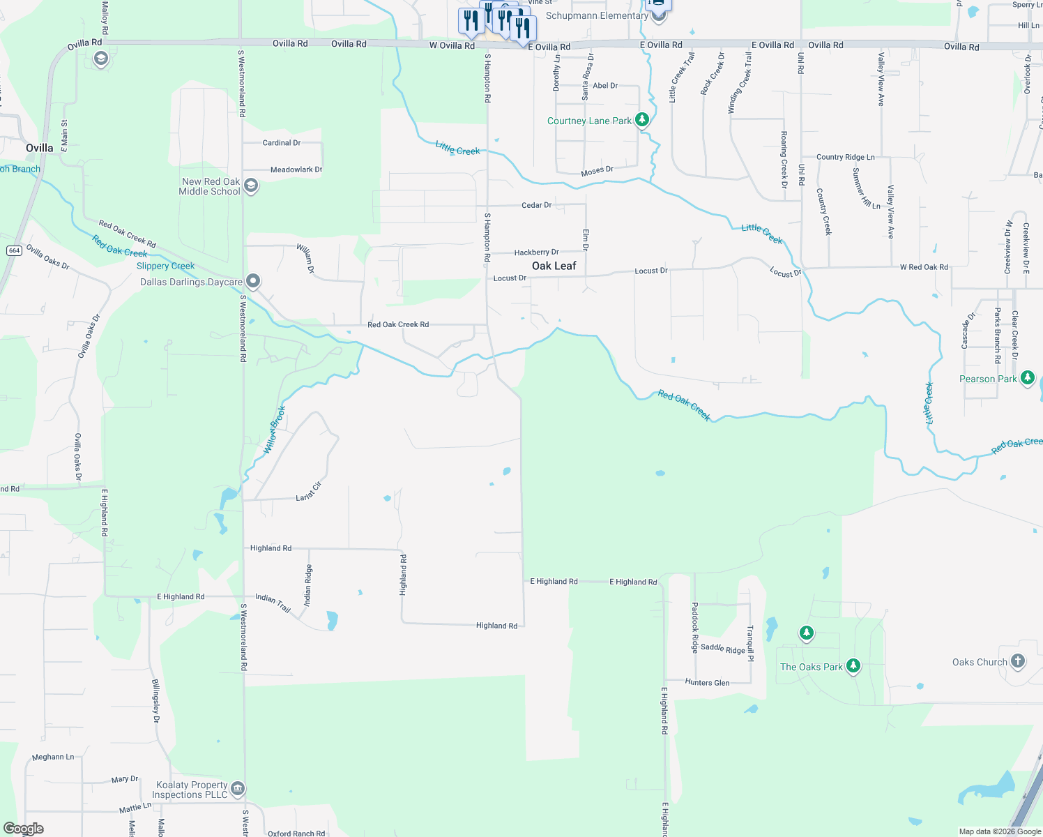 map of restaurants, bars, coffee shops, grocery stores, and more near 3799 South Hampton Road in Oak Leaf