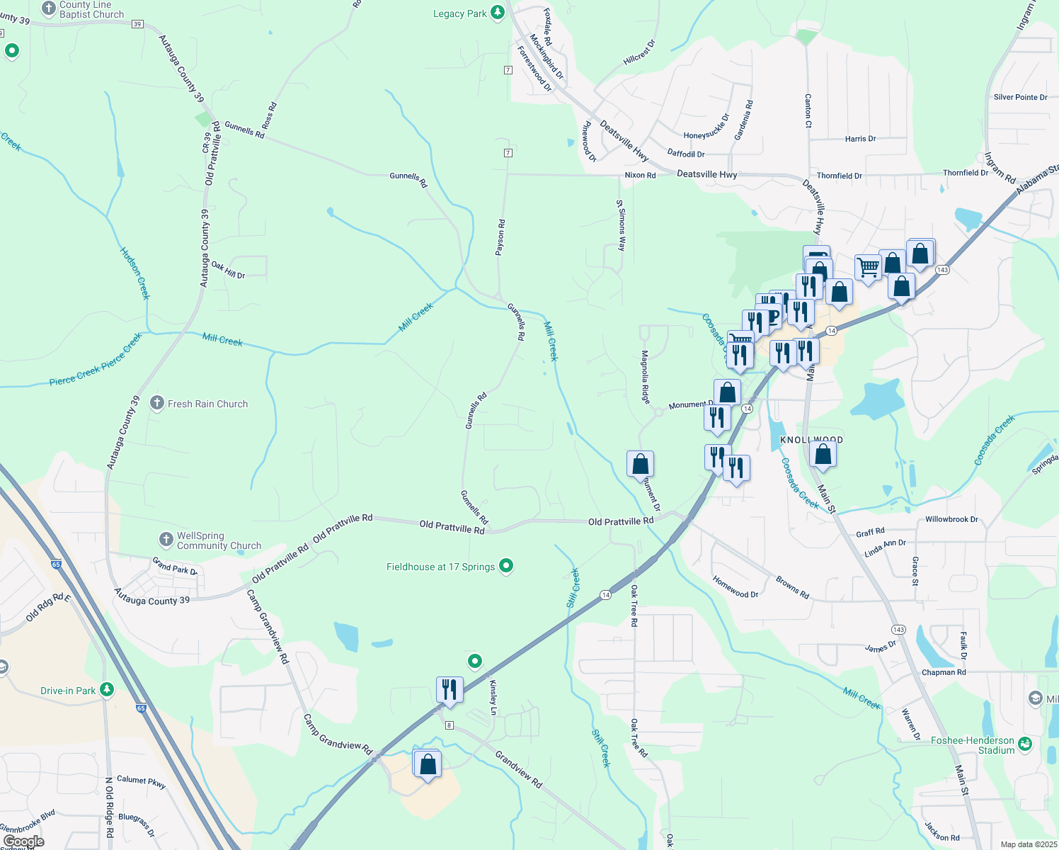 map of restaurants, bars, coffee shops, grocery stores, and more near 209 Dillon's Run in Deatsville