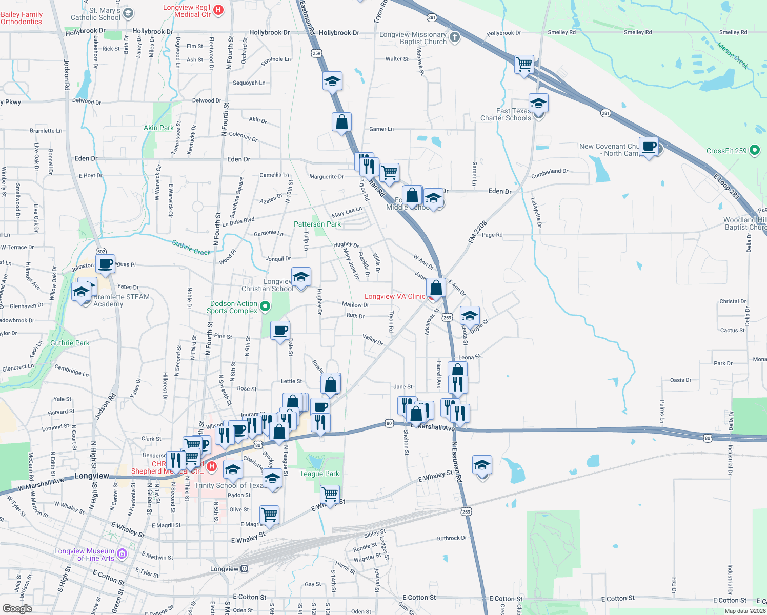 map of restaurants, bars, coffee shops, grocery stores, and more near 1420 Mahlow Drive in Longview