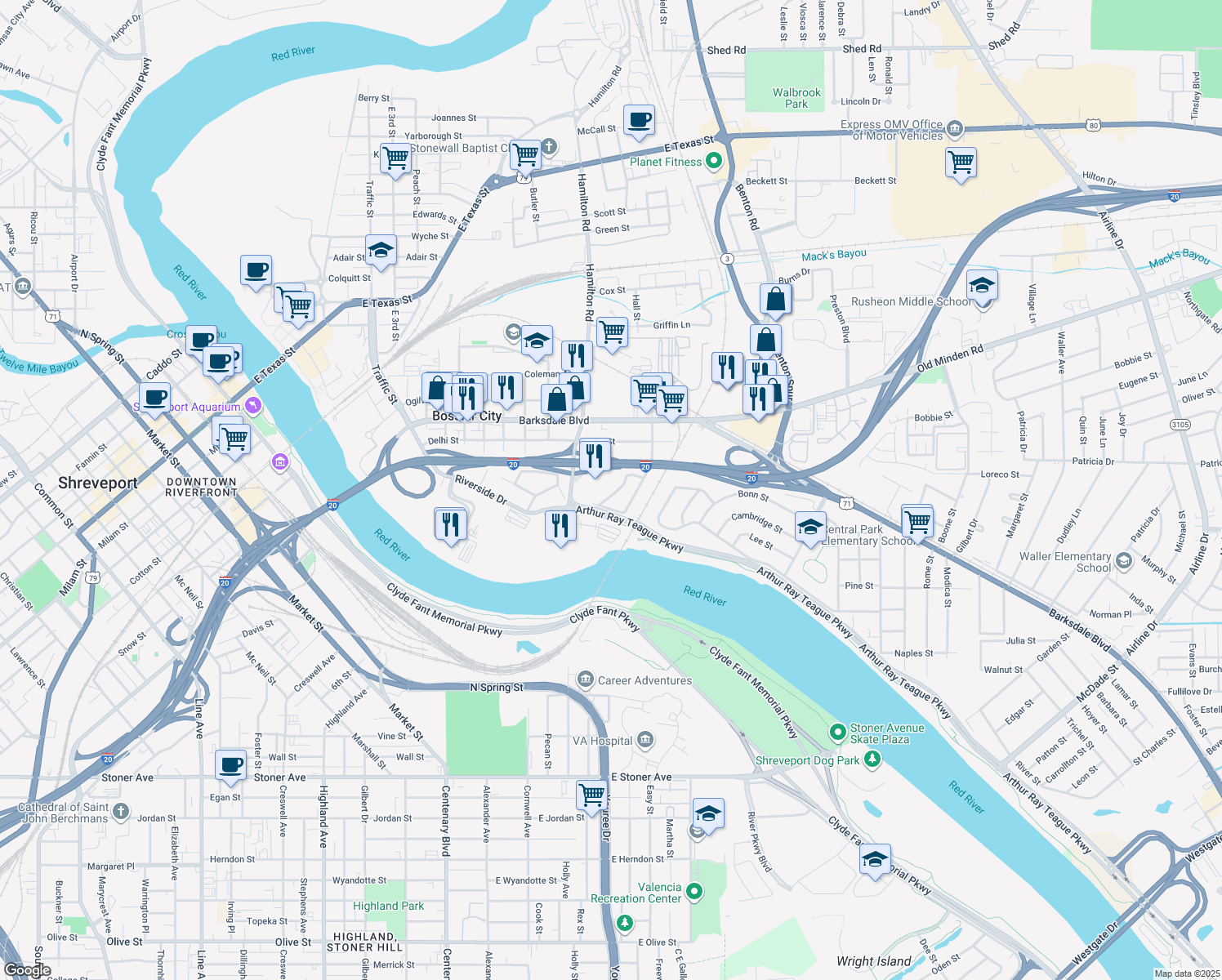 map of restaurants, bars, coffee shops, grocery stores, and more near 213 S Youree St in Bossier City