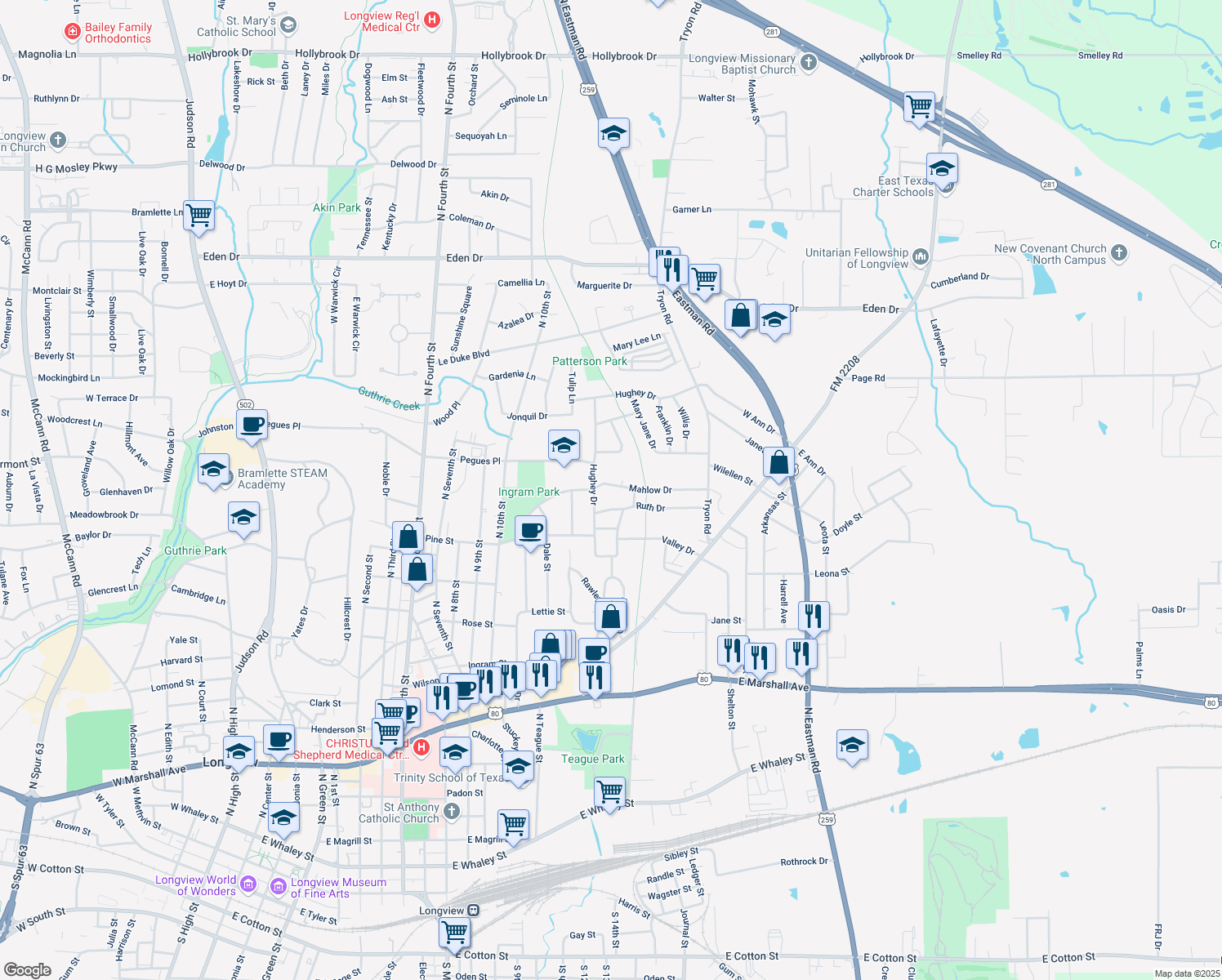 map of restaurants, bars, coffee shops, grocery stores, and more near 1214 Mahlow Drive in Longview