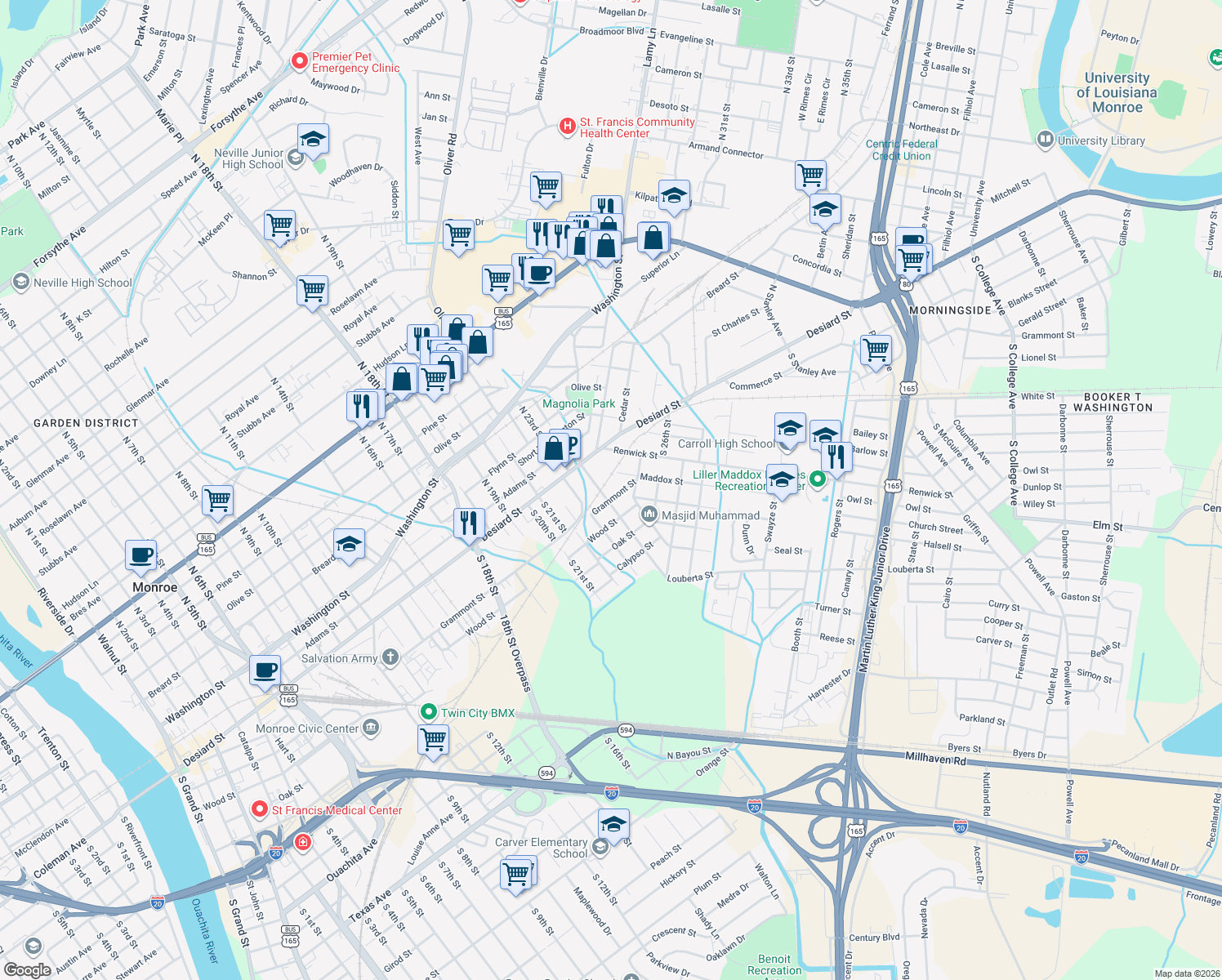 map of restaurants, bars, coffee shops, grocery stores, and more near 2407 Grammont Street in Monroe