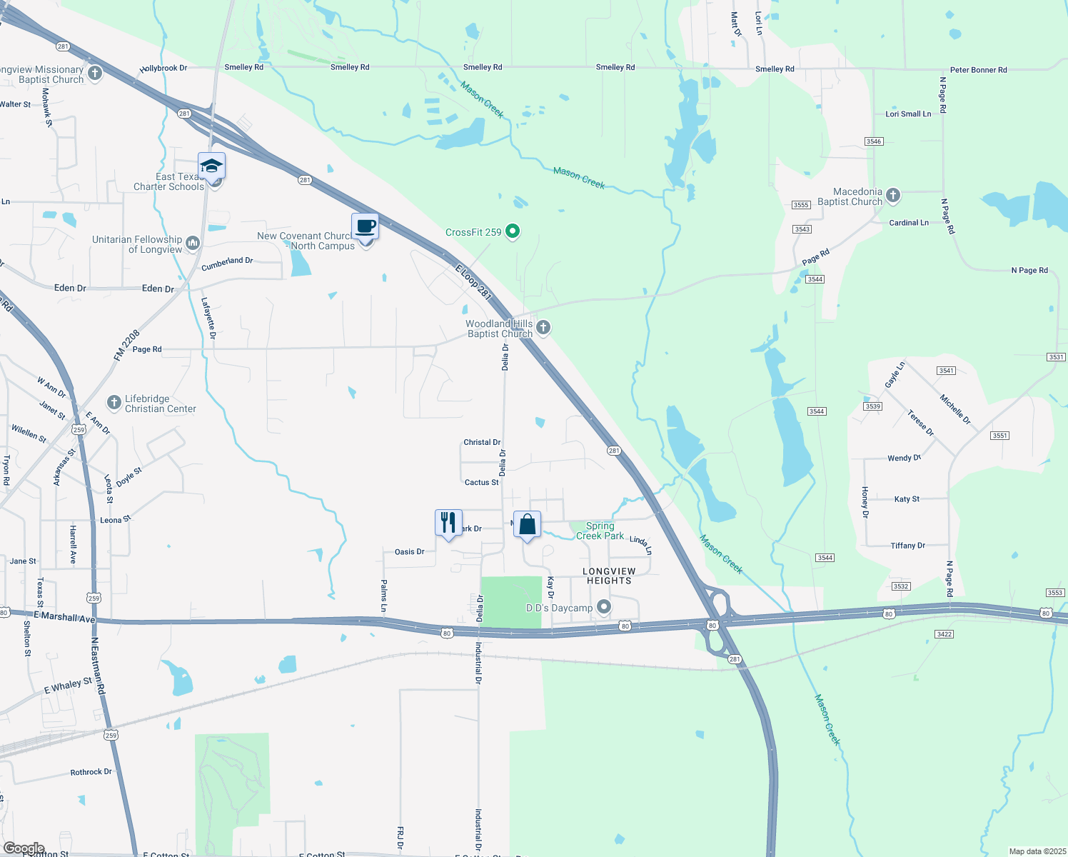 map of restaurants, bars, coffee shops, grocery stores, and more near 1008 Delia Drive in Longview