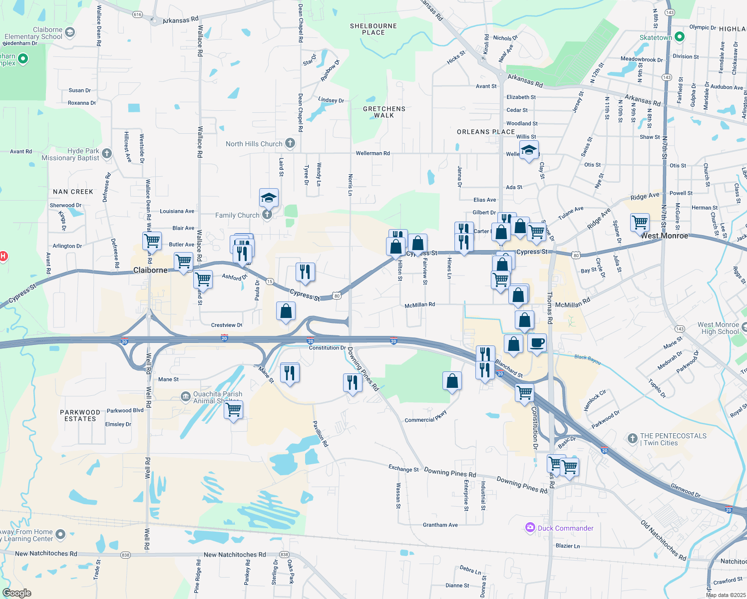 map of restaurants, bars, coffee shops, grocery stores, and more near 202 Racove Drive in West Monroe