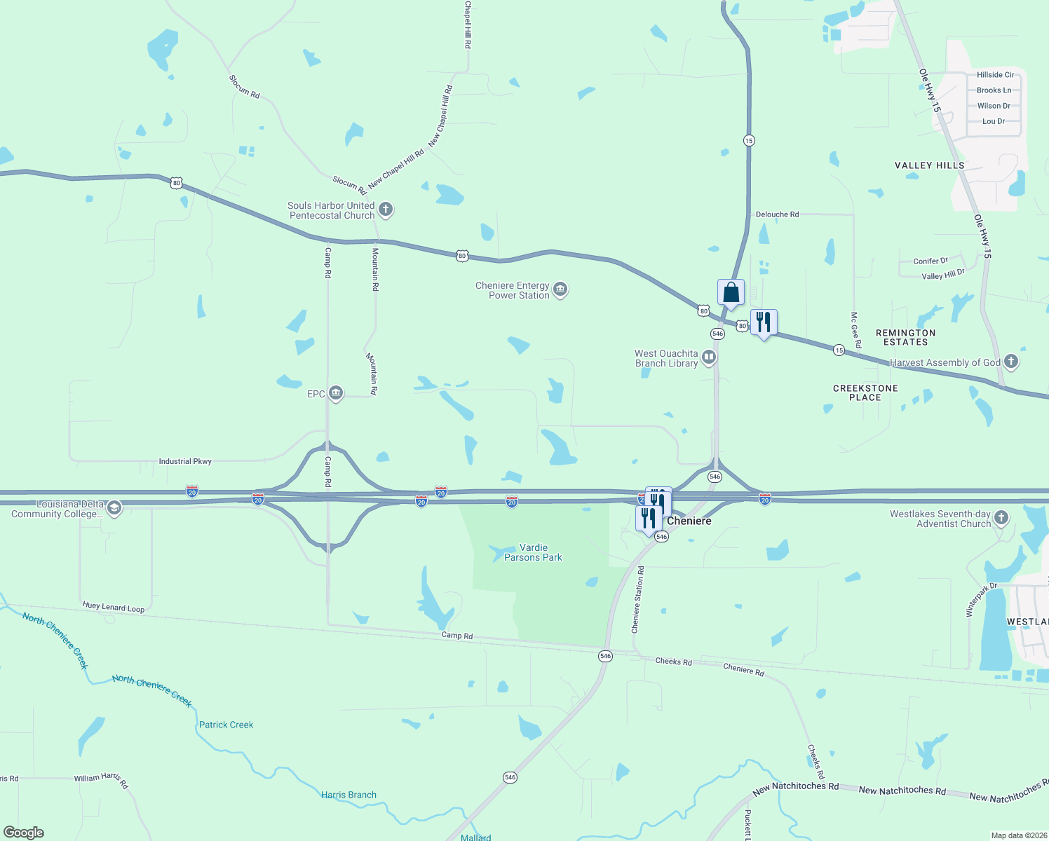 map of restaurants, bars, coffee shops, grocery stores, and more near 115 3 Lakes Rd in West Monroe