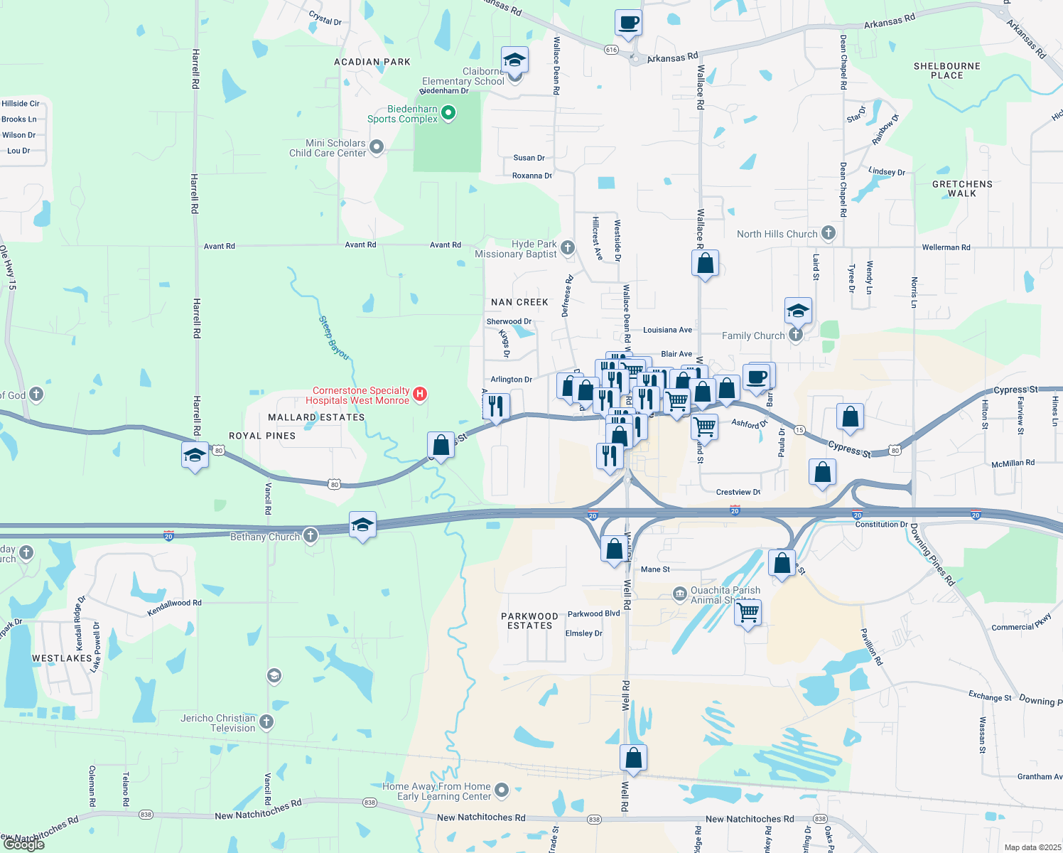 map of restaurants, bars, coffee shops, grocery stores, and more near 103 Forest Hill Rd in West Monroe