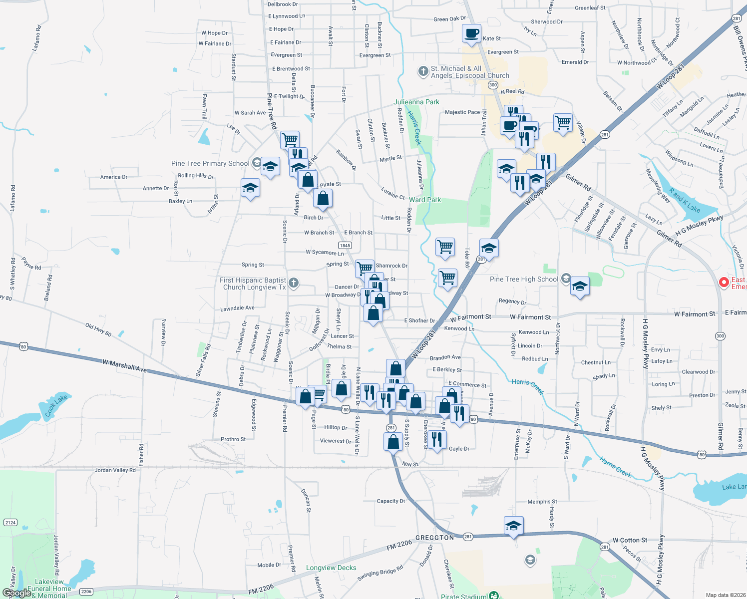 map of restaurants, bars, coffee shops, grocery stores, and more near 914 Pine Tree Rd in Longview