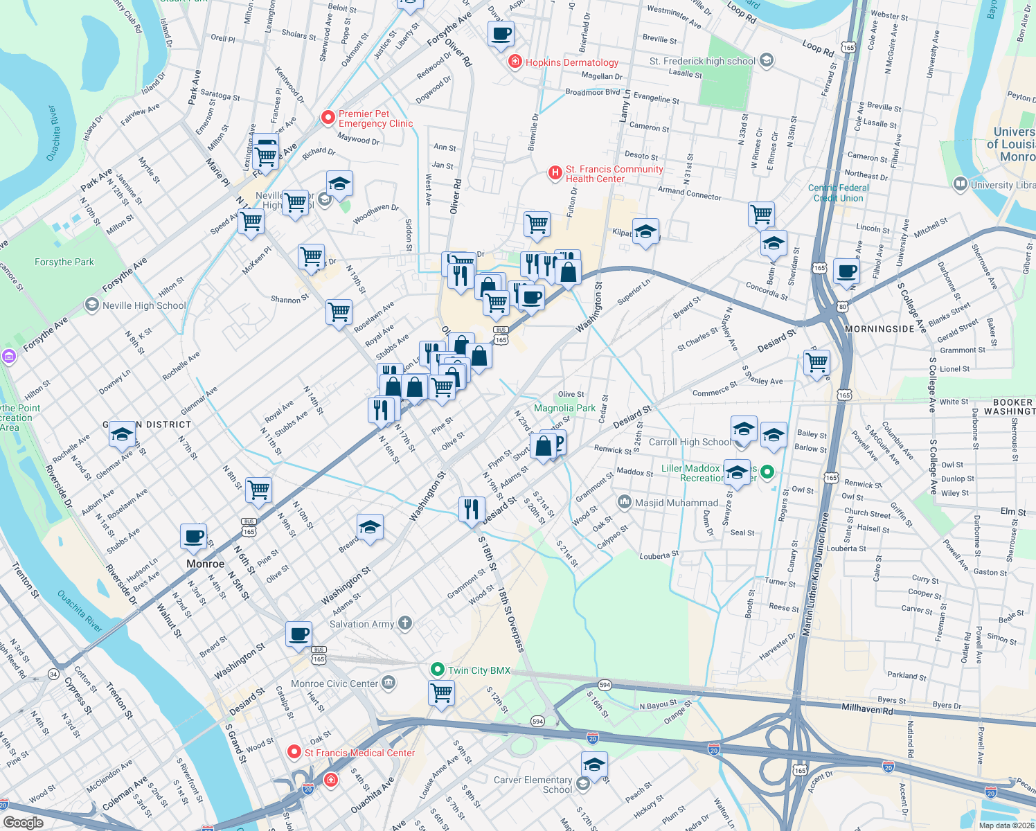 map of restaurants, bars, coffee shops, grocery stores, and more near 2298 Breard St in Monroe