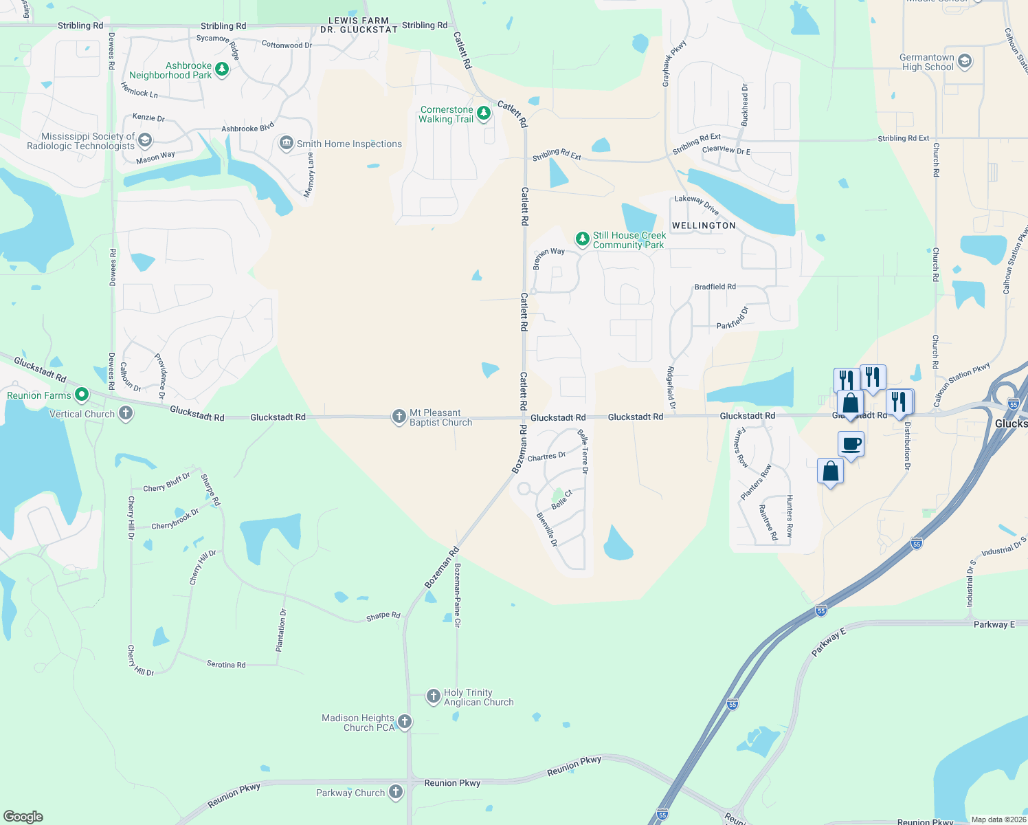 map of restaurants, bars, coffee shops, grocery stores, and more near 105 Catlett Road in Madison