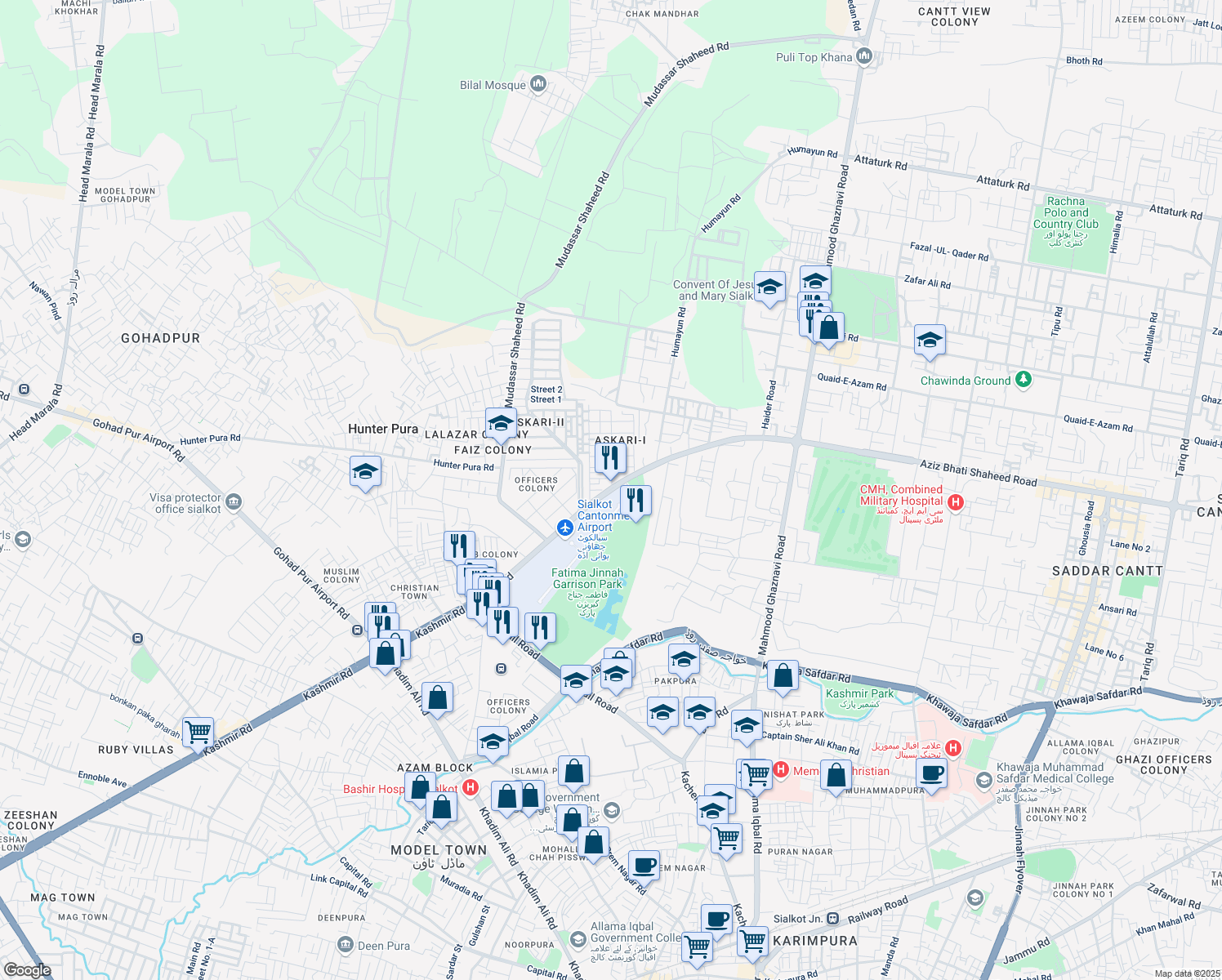 map of restaurants, bars, coffee shops, grocery stores, and more near Cantt Road in Sialkot