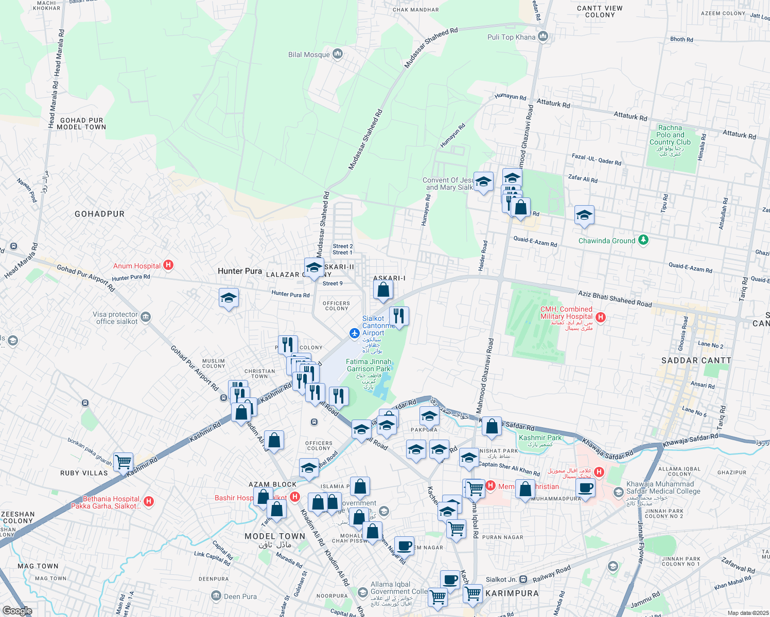 map of restaurants, bars, coffee shops, grocery stores, and more near Cantt Road in Sialkot