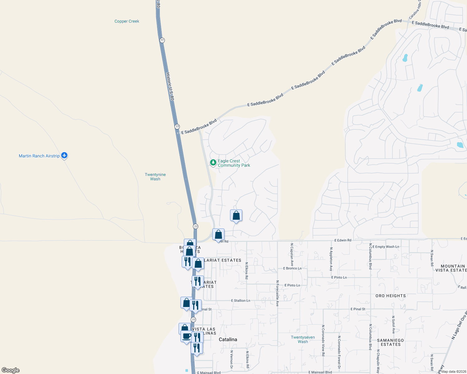 map of restaurants, bars, coffee shops, grocery stores, and more near 39443 Cinch Strap Place in Tucson
