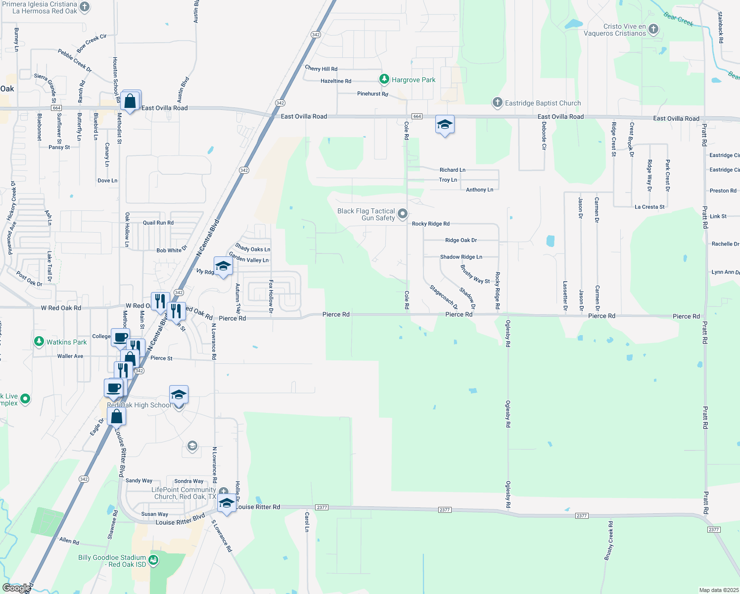 map of restaurants, bars, coffee shops, grocery stores, and more near 549 Pierce Road in Red Oak