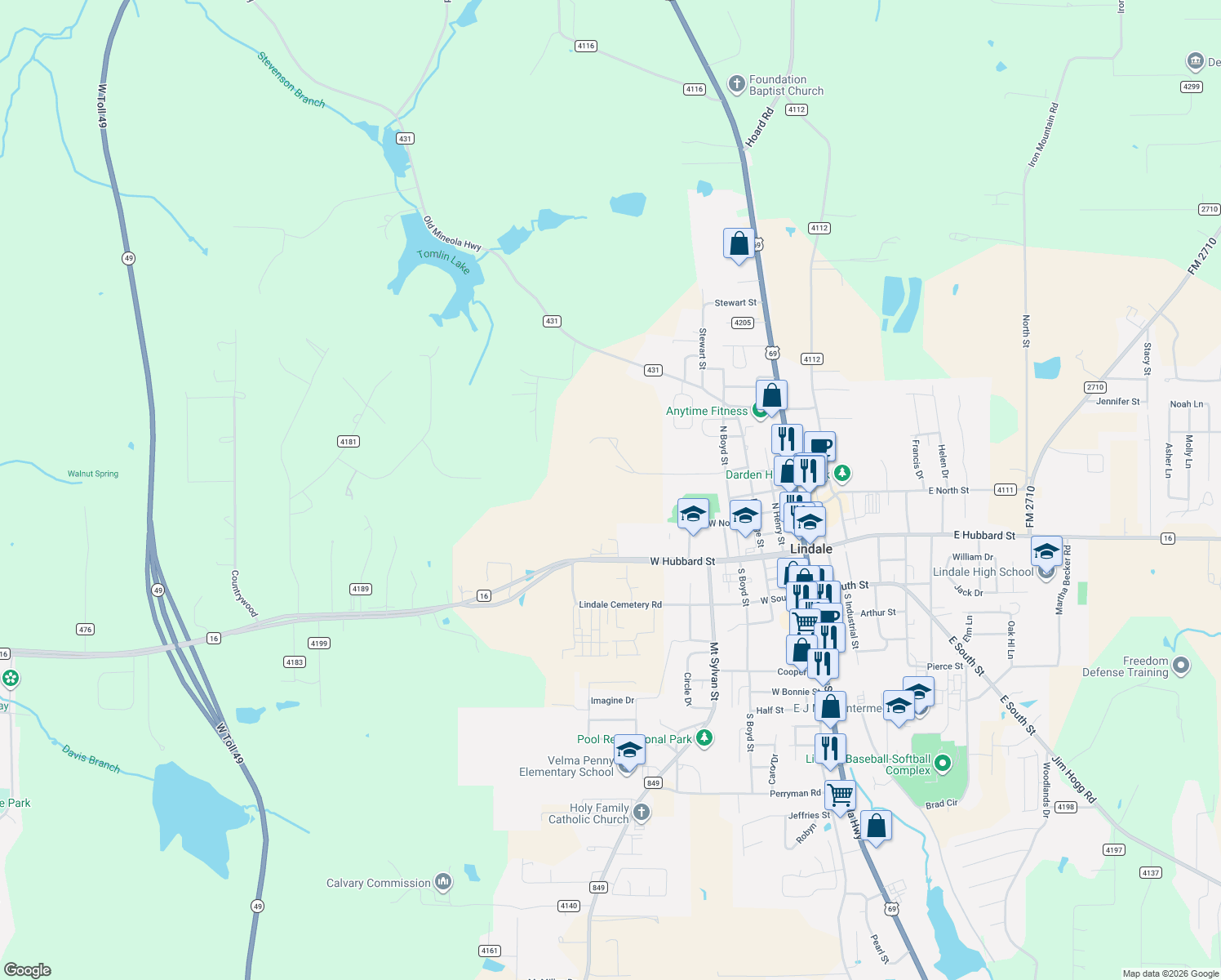 map of restaurants, bars, coffee shops, grocery stores, and more near 741 Mallory St in Lindale