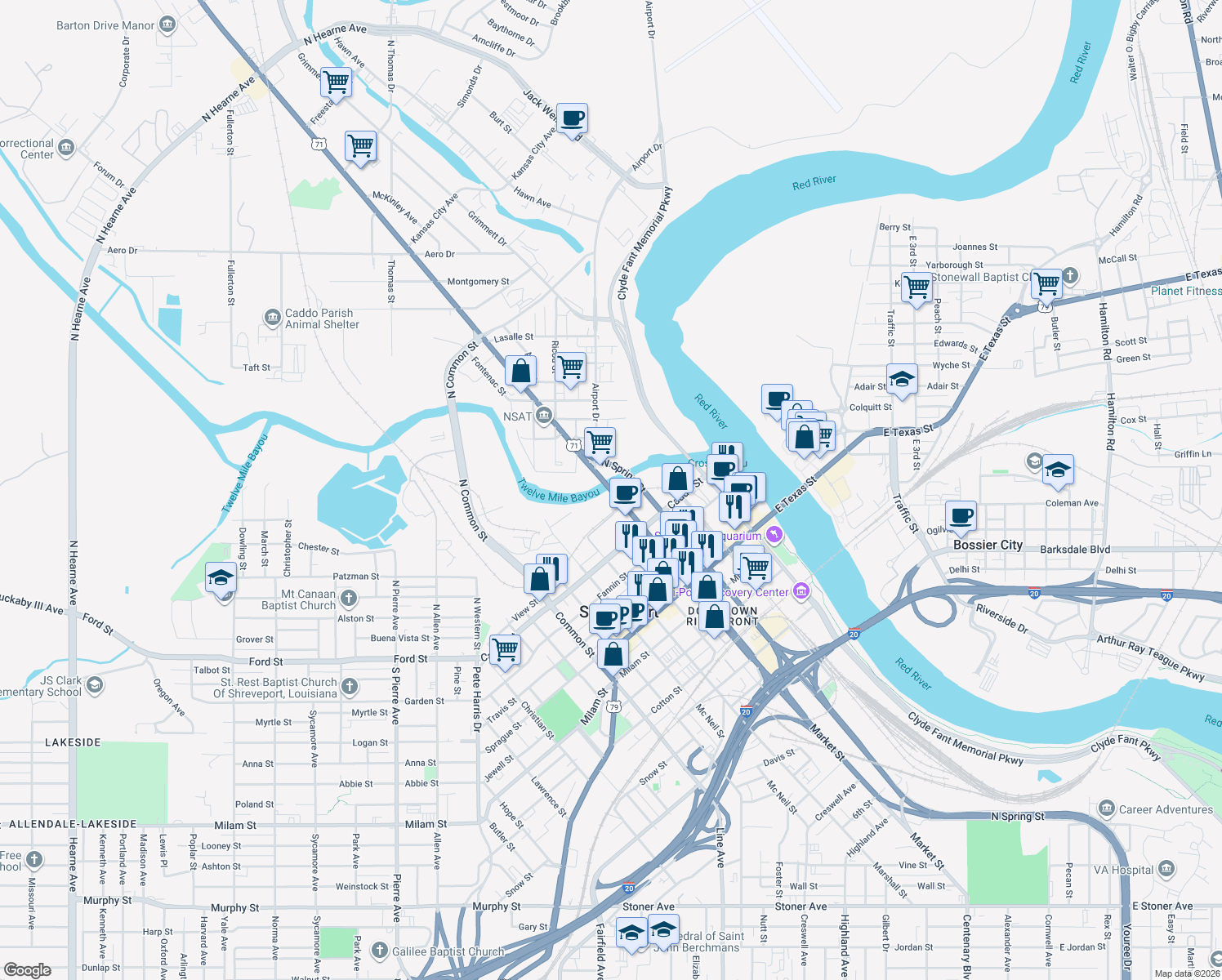 map of restaurants, bars, coffee shops, grocery stores, and more near 33 North Market Street in Shreveport