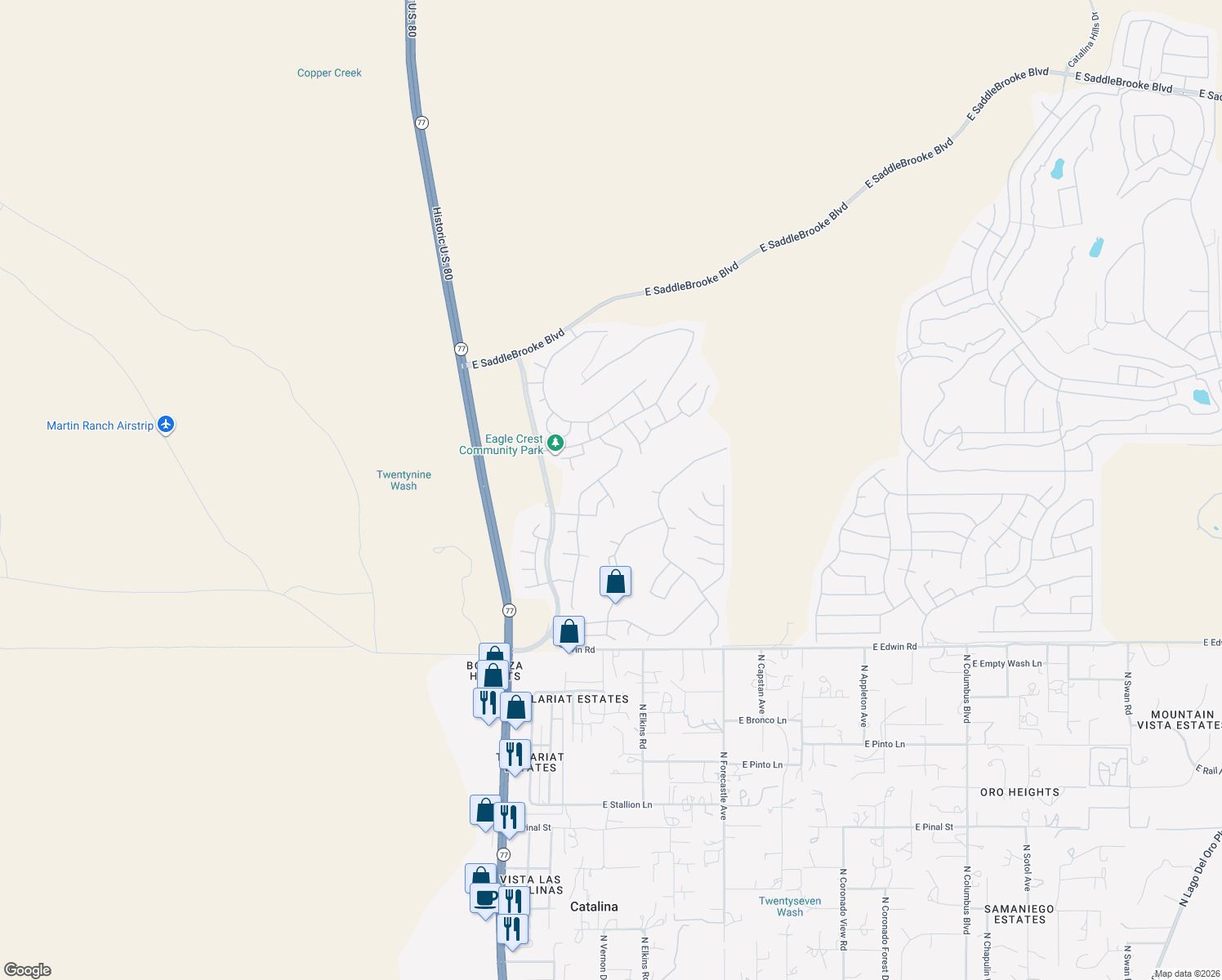 map of restaurants, bars, coffee shops, grocery stores, and more near 39443 Cinch Strap Place in Tucson