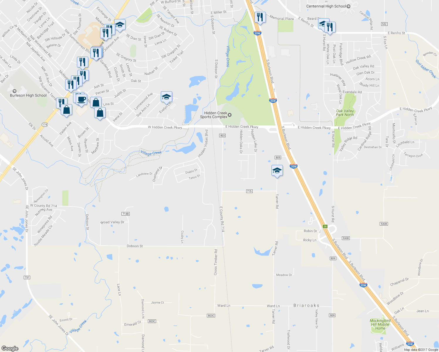 map of restaurants, bars, coffee shops, grocery stores, and more near 1108 South Dobson Street in Burleson