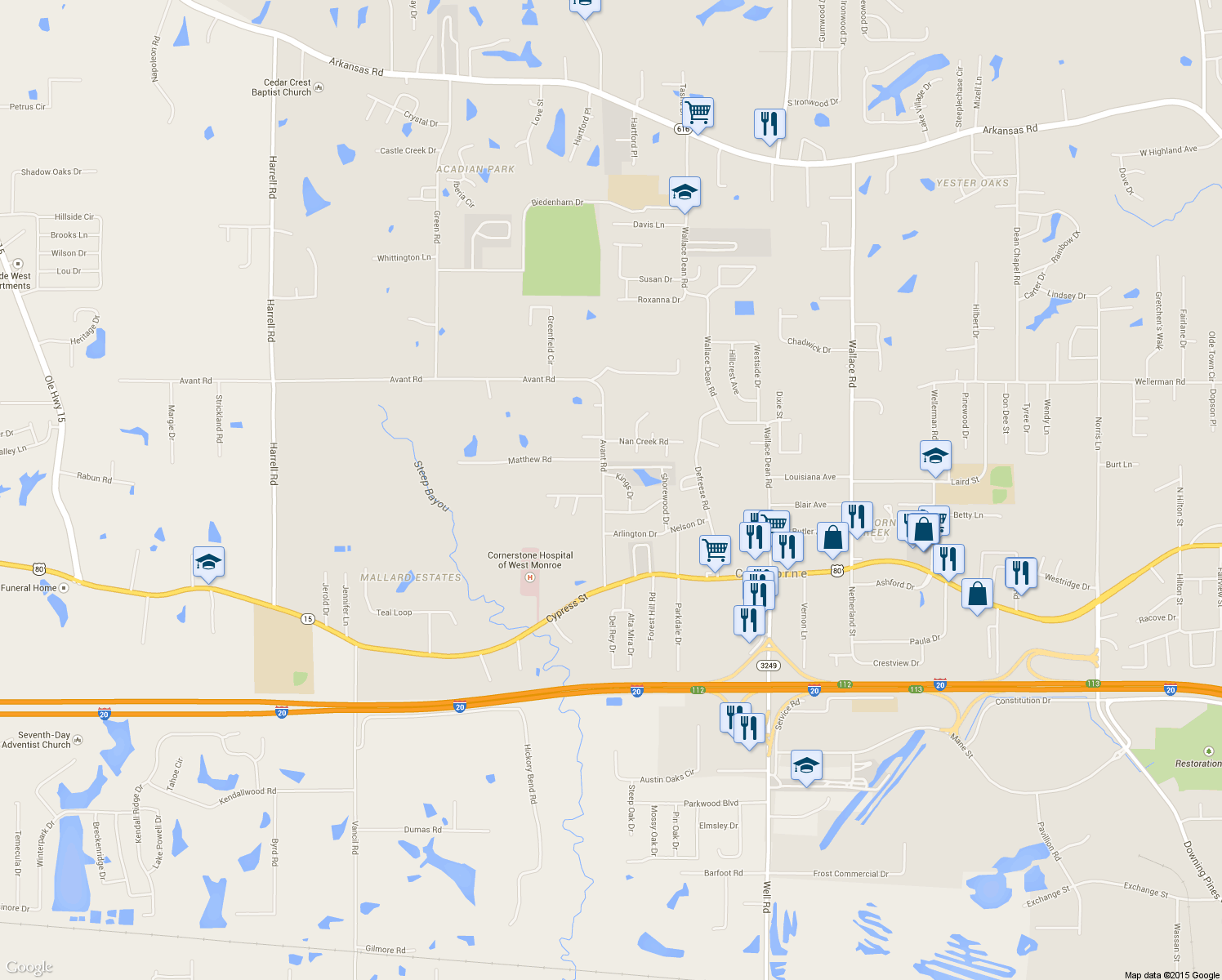 map of restaurants, bars, coffee shops, grocery stores, and more near 330 Avant Rd in West Monroe