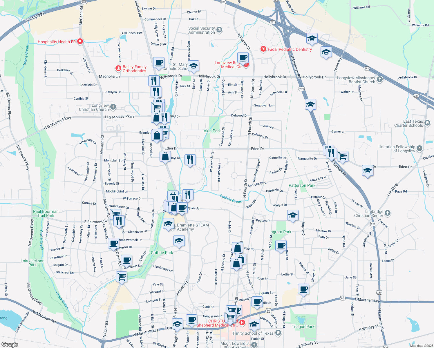 map of restaurants, bars, coffee shops, grocery stores, and more near 2001 East Warwick Circle in Longview