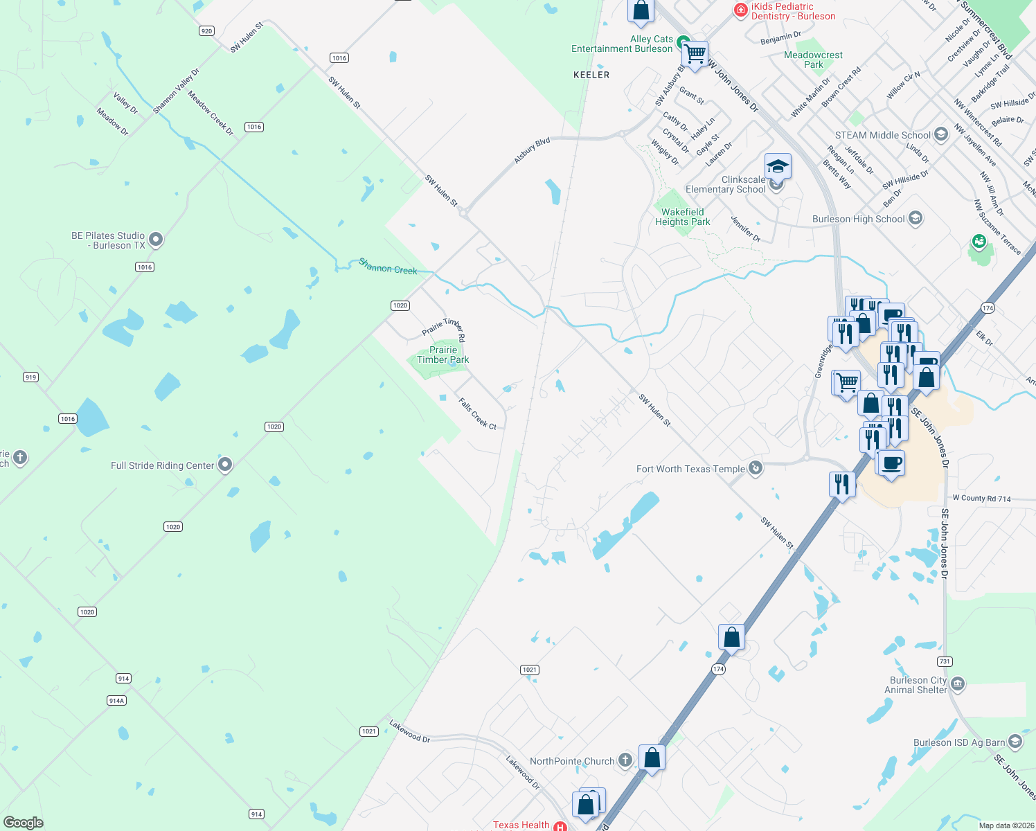 map of restaurants, bars, coffee shops, grocery stores, and more near 650 Prairie Timber Rd in Burleson