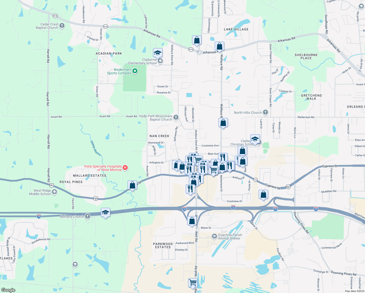 map of restaurants, bars, coffee shops, grocery stores, and more near 258 Defreese Rd in West Monroe